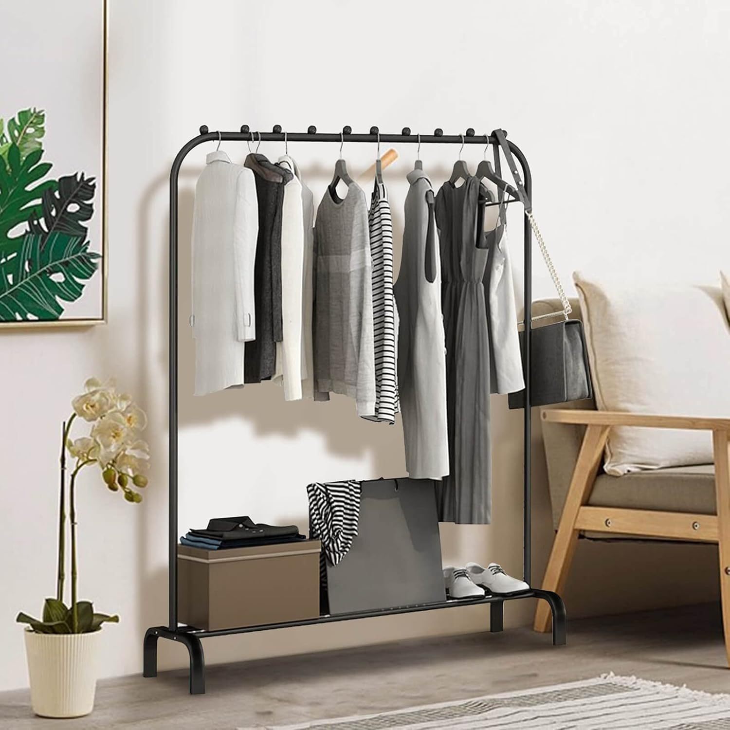 E-shop Kleiderstnder Freistehender Kleiderbgel Schwarz Trockengestell Metall Schlafzimmer Kleiderstange mit unterem Lagerregal Schuhregal