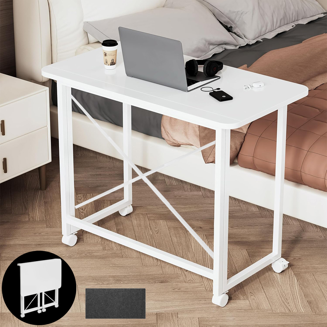 compact folding desk measuring 80 by 40 cm   with 4 wheels assembly in brown and white ideal for a bedroom home office study or bedside use portable computer workstation versatile workbench bookshelf and cabinet style computer desk