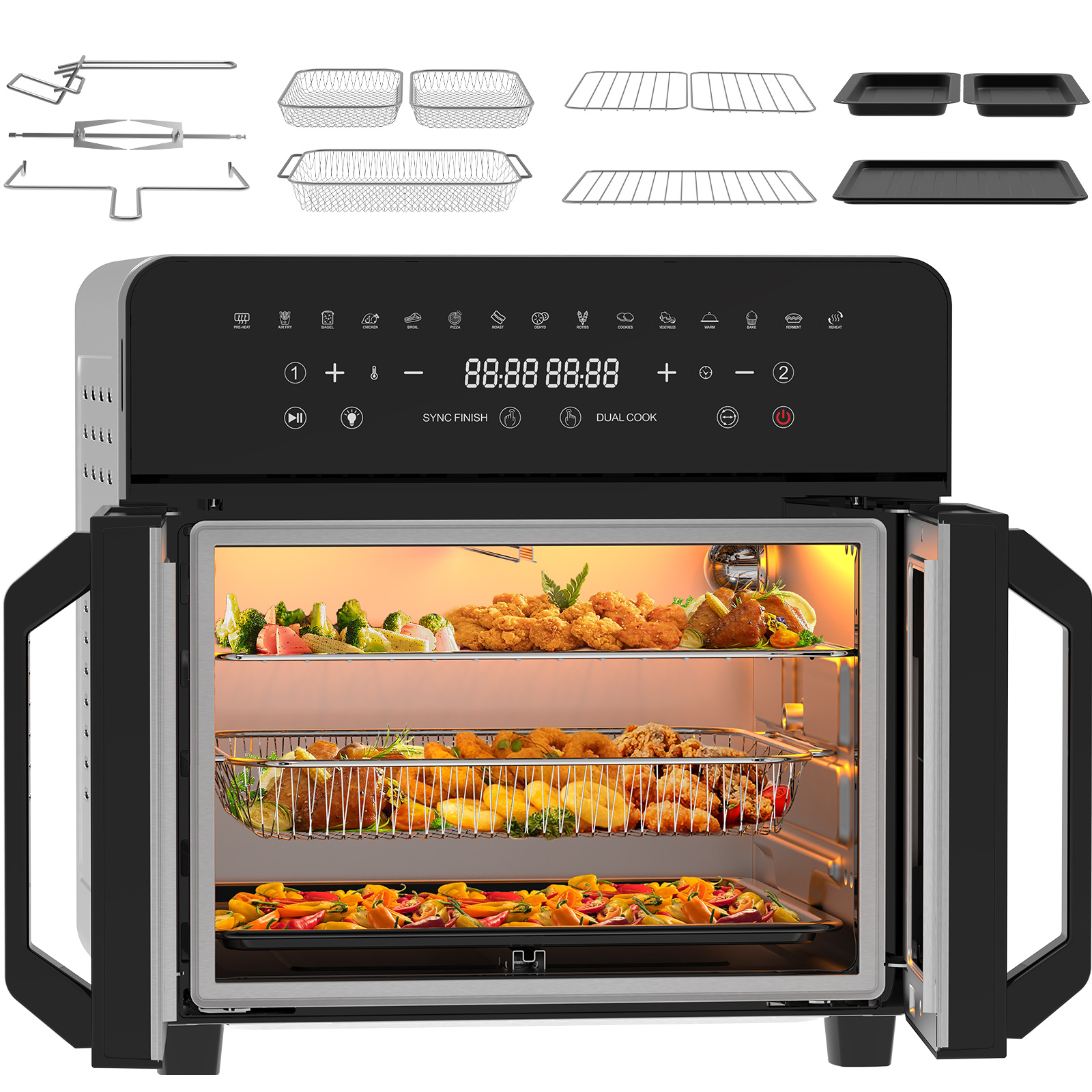 E-shop Heißluftfritteuse XXL Airfryer, 23L Doppelkammer Heissluftfritteuse, 2 Fächer, Mini Ofen mit French Door, Herausnehmbarem Trenner für Kochraum,