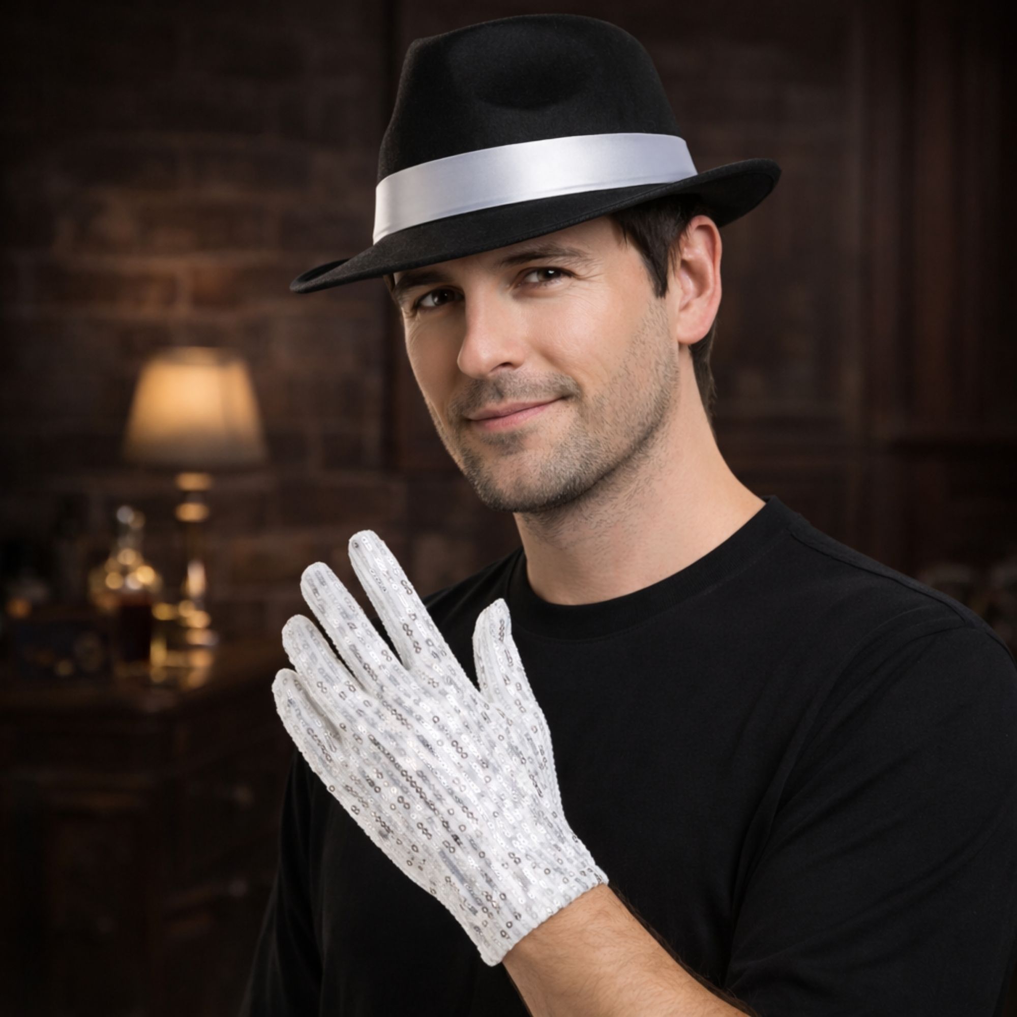 Adult Black Fedora Style Costume Hat & Sequin Gloves