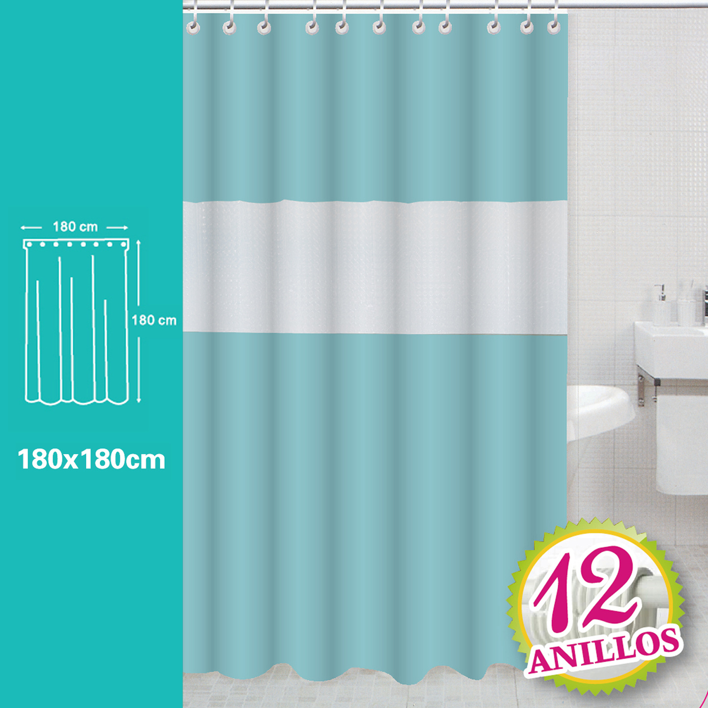TEMU Cortina de Baño de (Estilo Patchwork, 180x180cm) | Cortina de Baño de EVA con Diseño 3D (12 Anillos, 180x180cm) | Cortina de Baño Patchwork de