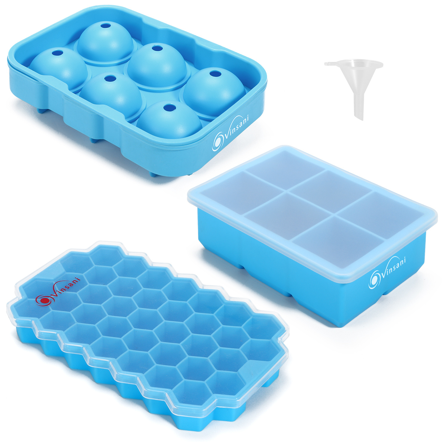 TEMU Vinsani 3 Pack Ice Tray With Removable Lid - Easy-release Silicone Flexible Ball Mould, Square Maker And Honeycomb Cube - Lfgb Certified, Bpa