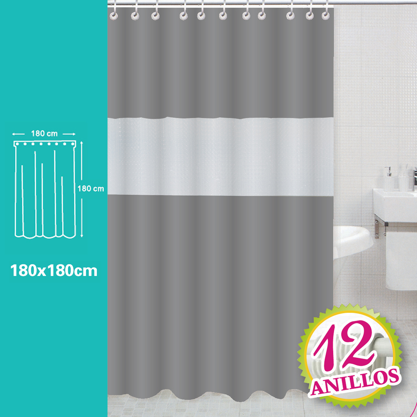 TEMU Cortina de Baño de (Estilo Patchwork, 180x180cm) | Cortina de Baño de EVA con Diseño 3D (12 Anillos, 180x180cm) | Cortina de Baño Patchwork de