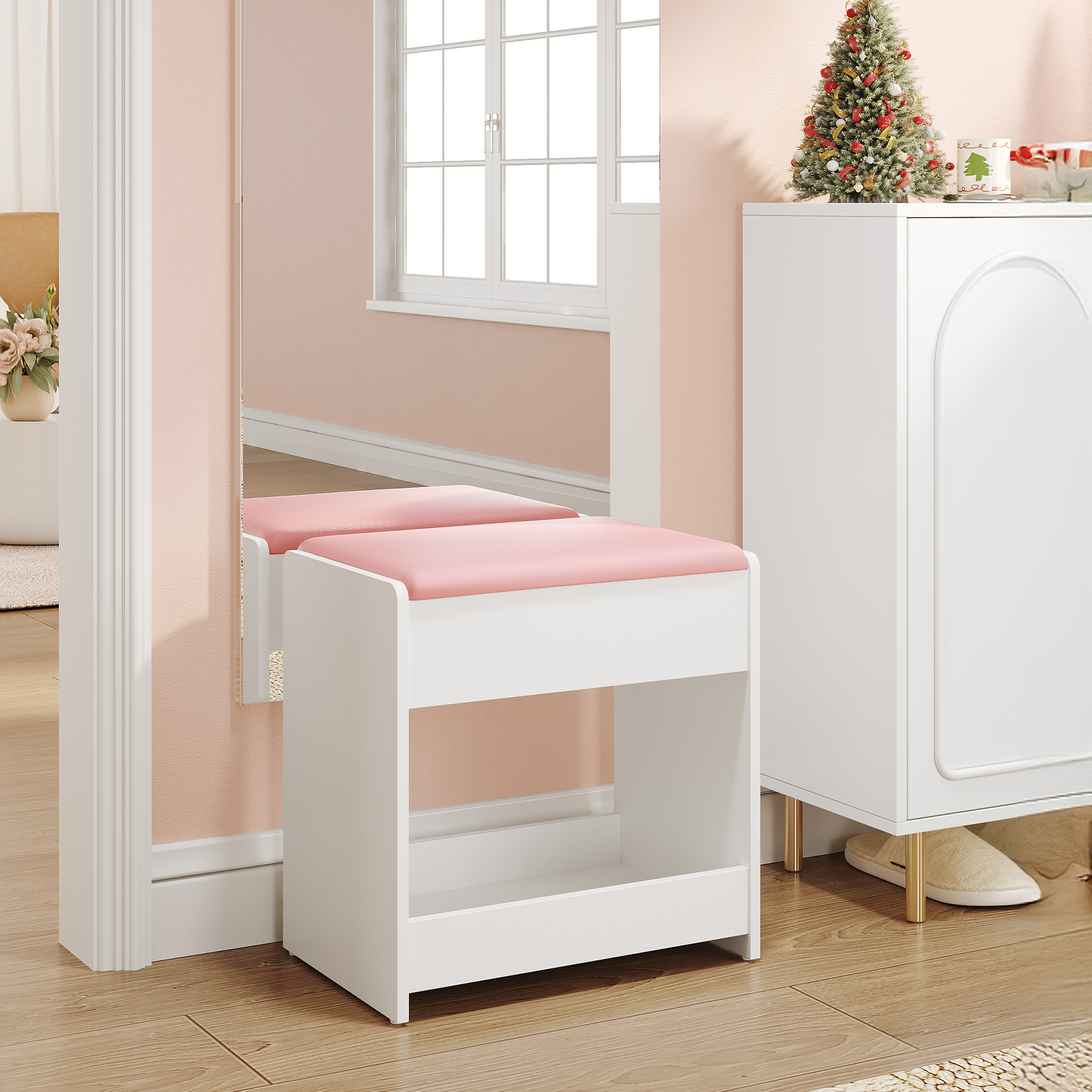 Taburete de tocador Hzuaneri, tapizado con almohadillas antideslizantes, para vestidor, dormitorio y entrada, rosa: retailer-supplied image