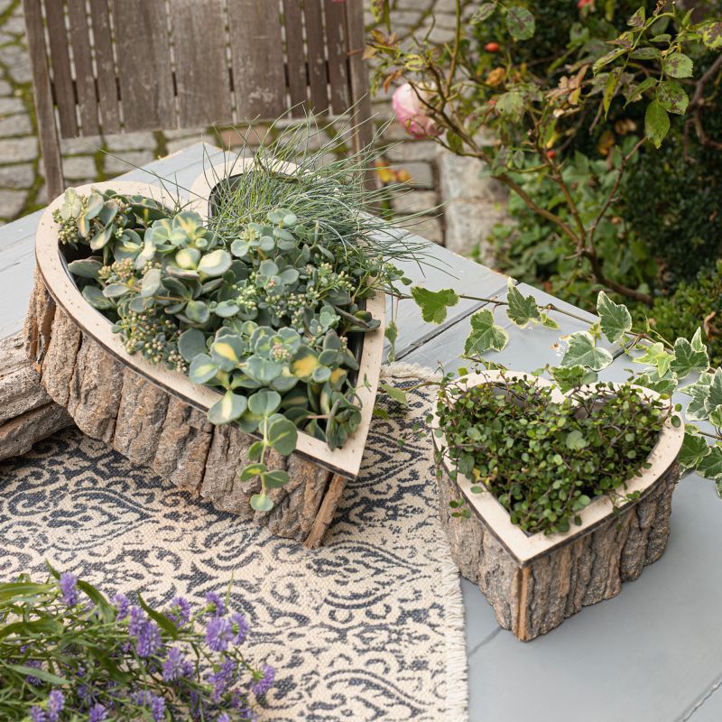 2x Planters "heart" Made Of Wood, Rustic Plant Container Shape, Pot, Brown Plant Pot, Garden Decoration For Outdoors