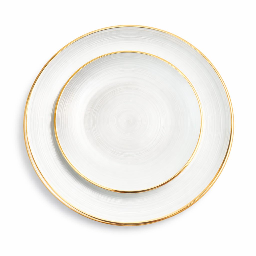 TEMU Assiettes Capri Réutilisables, Couleur au Choix avec Bordure Dorée, 12 Pièces, Grande 25.5cm - Petite 18cm, Plastique PVC Brillant, Lavable au