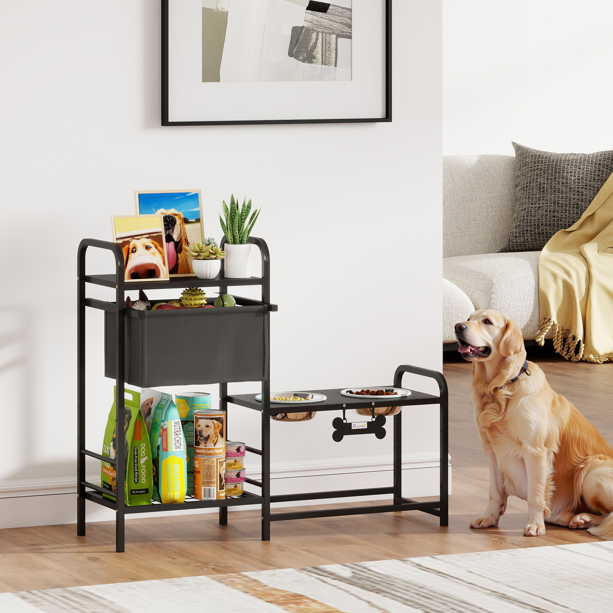 Elevated Dog Bowl, Height-adjustable Feeding Bowl With Storage, Water Bowl 2 X 800ml Stainless Steel Bowls, 2-tiered Shelf, Feeding Station For Small, Medium-sized Dogs, Black