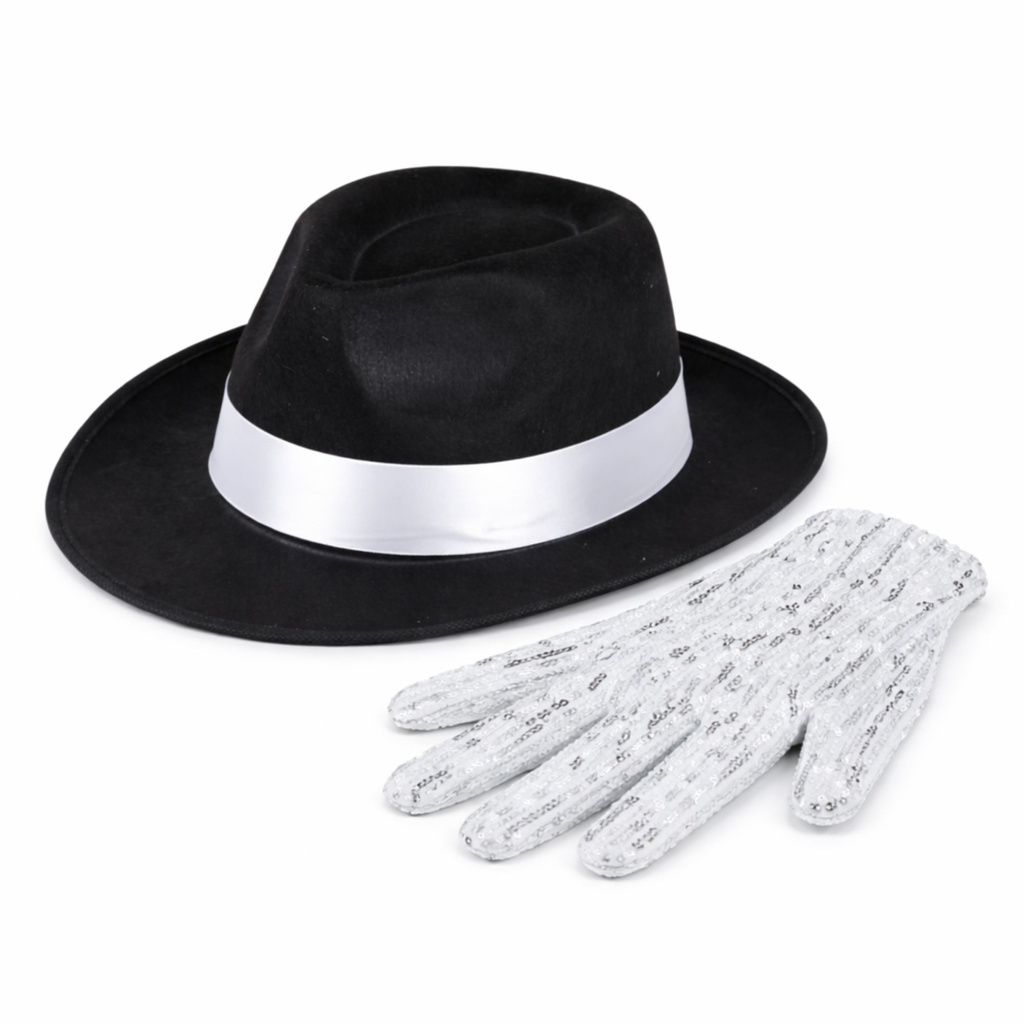Adult Black Fedora Style Costume Hat & Sequin Gloves