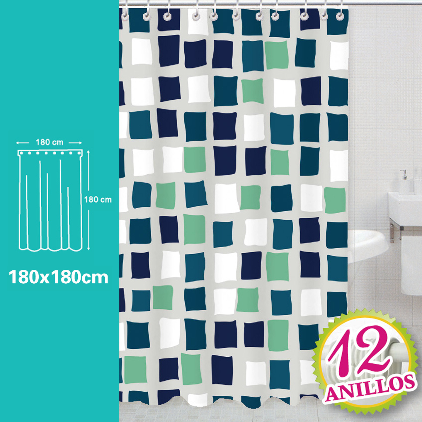 TEMU Cortina de Baño de EVA (180x180cm, 12 Anillos) | Cortina de Baño EVA Impermeable (Diseños Variados) | Cortina de Baño de EVA (Resistente , 12