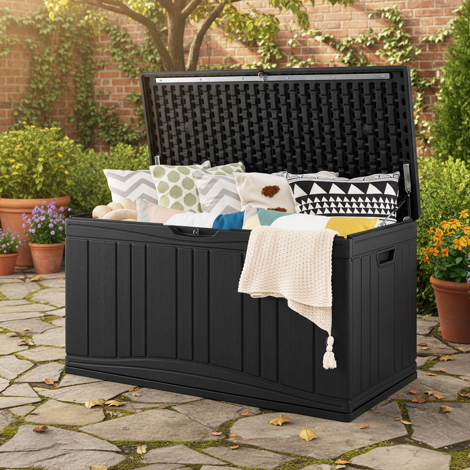 Image of 300 L Patio Deck Box, Large Hdpe Storage Container With Gas Struts & Lockable Lid, Waterproof Outdoor Plastic Storage Bin For Package Delivery, Gardening Tools, Cushions, Pool Accessories