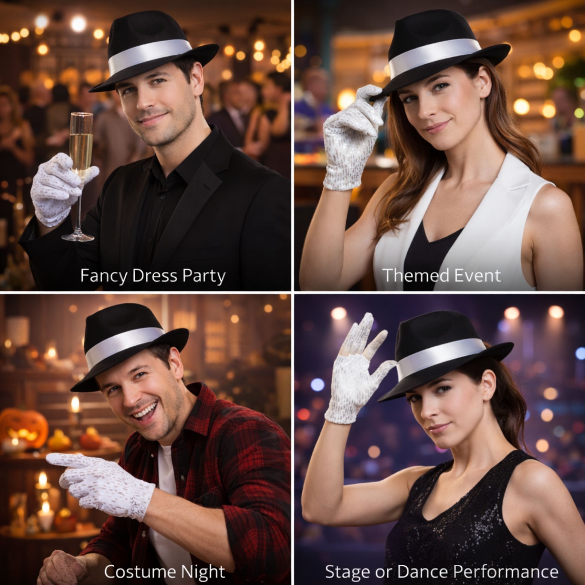 Adult Black Fedora Style Costume Hat & Sequin Gloves