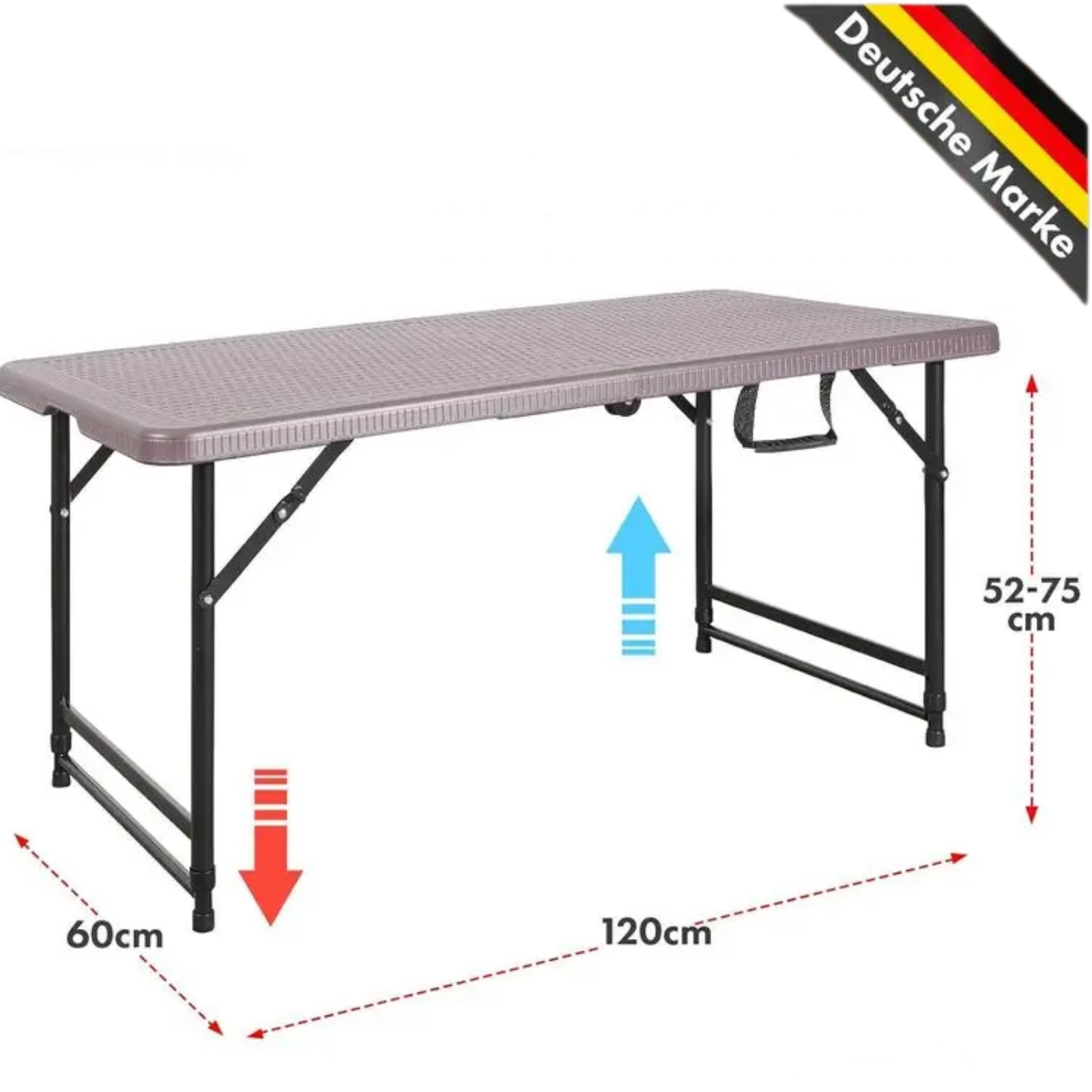 Image of Foldable Garden Table Saga - Height-adjustable Plastic (52-75 Cm) - 120×60 Cm - Folding Table With Carrying Handle, Weather-resistant, For Garden, Terrace, Balcony & Camping (up To 6 People)
