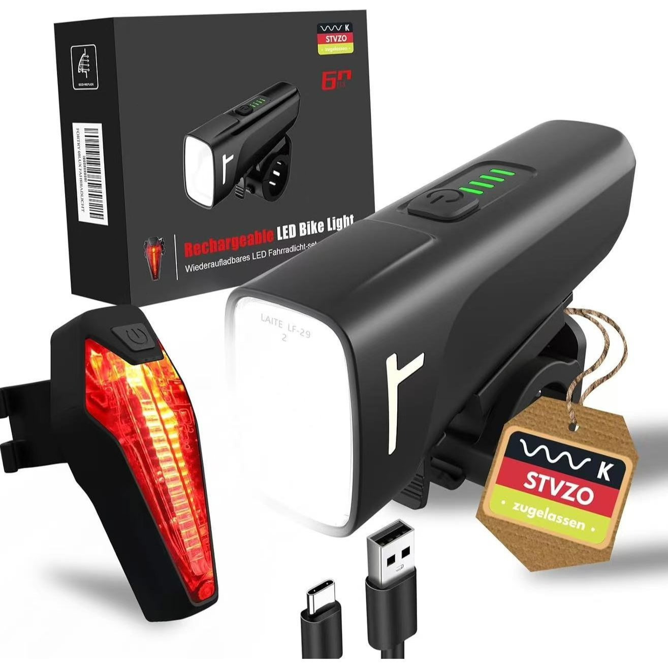 TEMU Led Bike Light Set Usb Rechargeable 100lux | Bike Light Approved | Bike Lighting Set Consisting Of Front Light And Rear Light With Brake Light