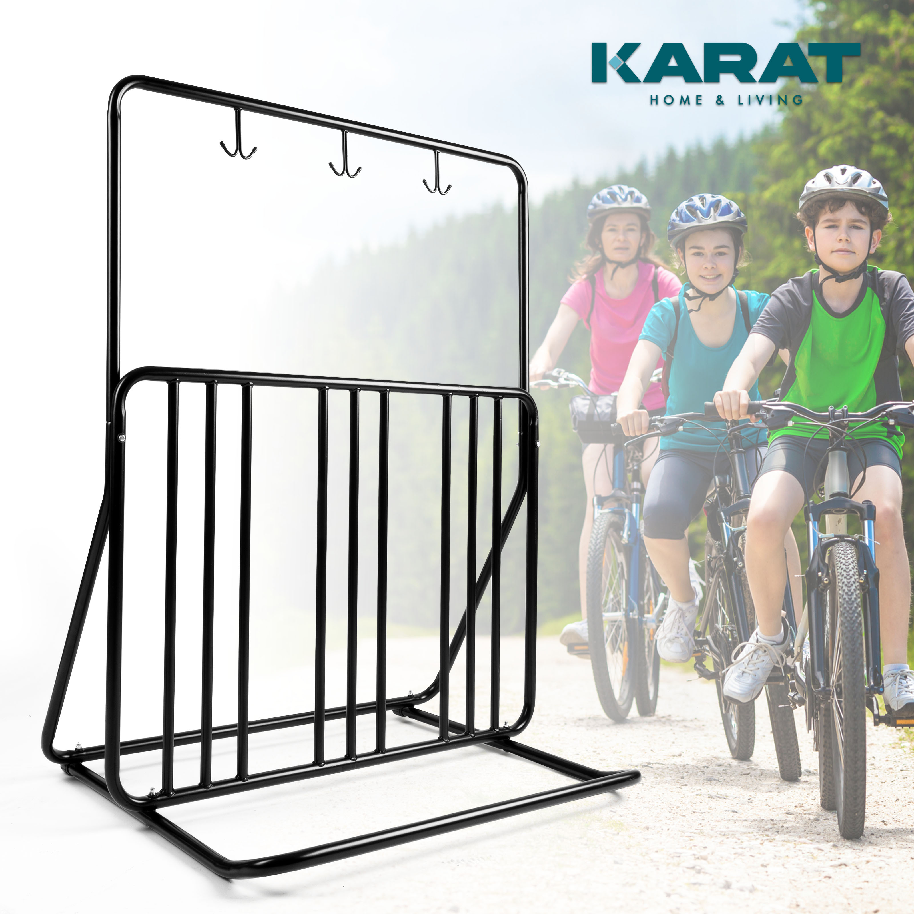 Tony Bike Rack For Up To 4 Bikes - Weatherproof Multi-bike Stand Made Of Powder-coated Steel - Dual-sided With 3 Double Hooks - Outdoor Mounting Stand - Black