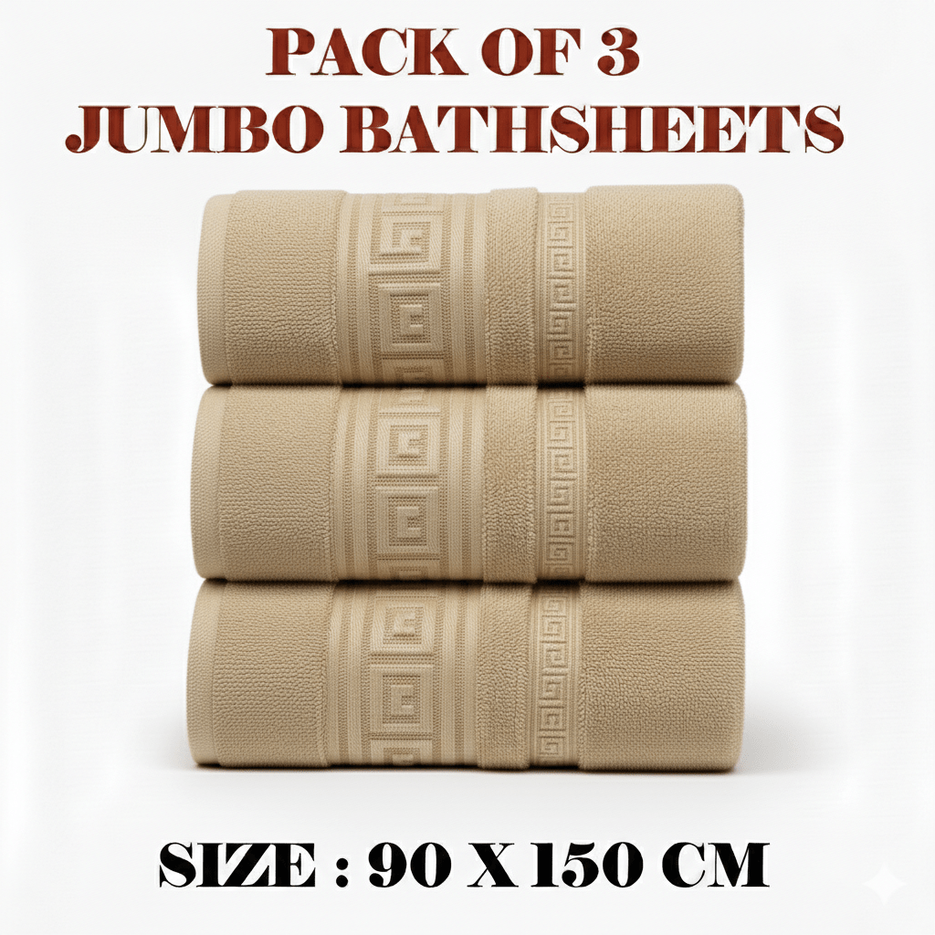 TEMU 100% Cotton Jumbo Bath Sheets Super Soft Absorbent 450 Gsm With Greek Border Design For Everyday Use - Jumbo Bath Sheet 90 X 150 Cm - Pack Of 3