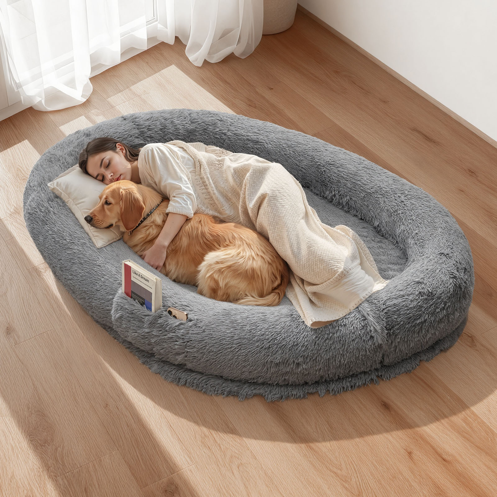 Image of Vevor Human Dog Bed, 1740 X 1180 X 240 Mm Orthopedic Memory Foam Human Sized Dog Bed, Humans Pet Beds With Side Pocket, Handle & Zipper, Removable Machine-washable Dogs Beds For Humans, Dark Gray