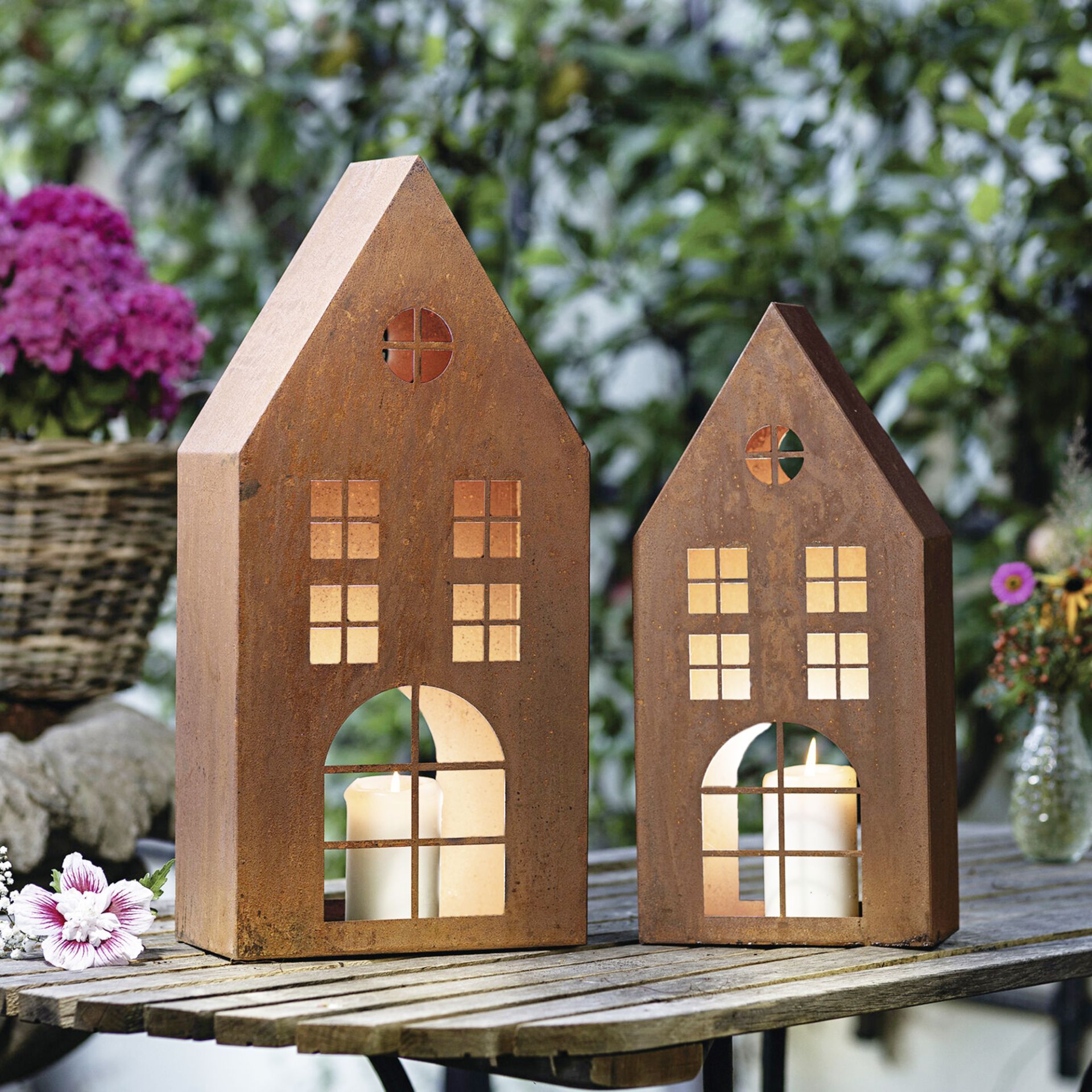 Image of 2x "house" Metal Lantern With Genuine Rust Finish, Candle Holder 45 + 55 Cm Tall, Decorative House, Outdoor Garden Decor