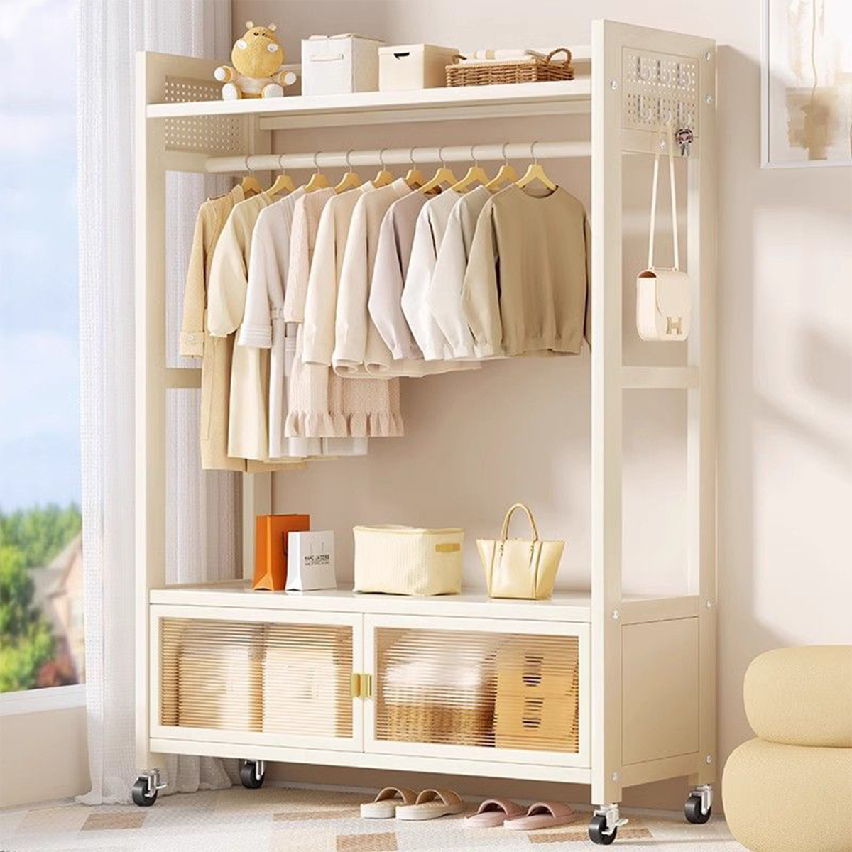 Bedroom Clothes Rack, Perforated , Thickened Floor-standing Movable Storage Coat Rack With Doors, Dustproof And Multi-functional Storage Cabinet.