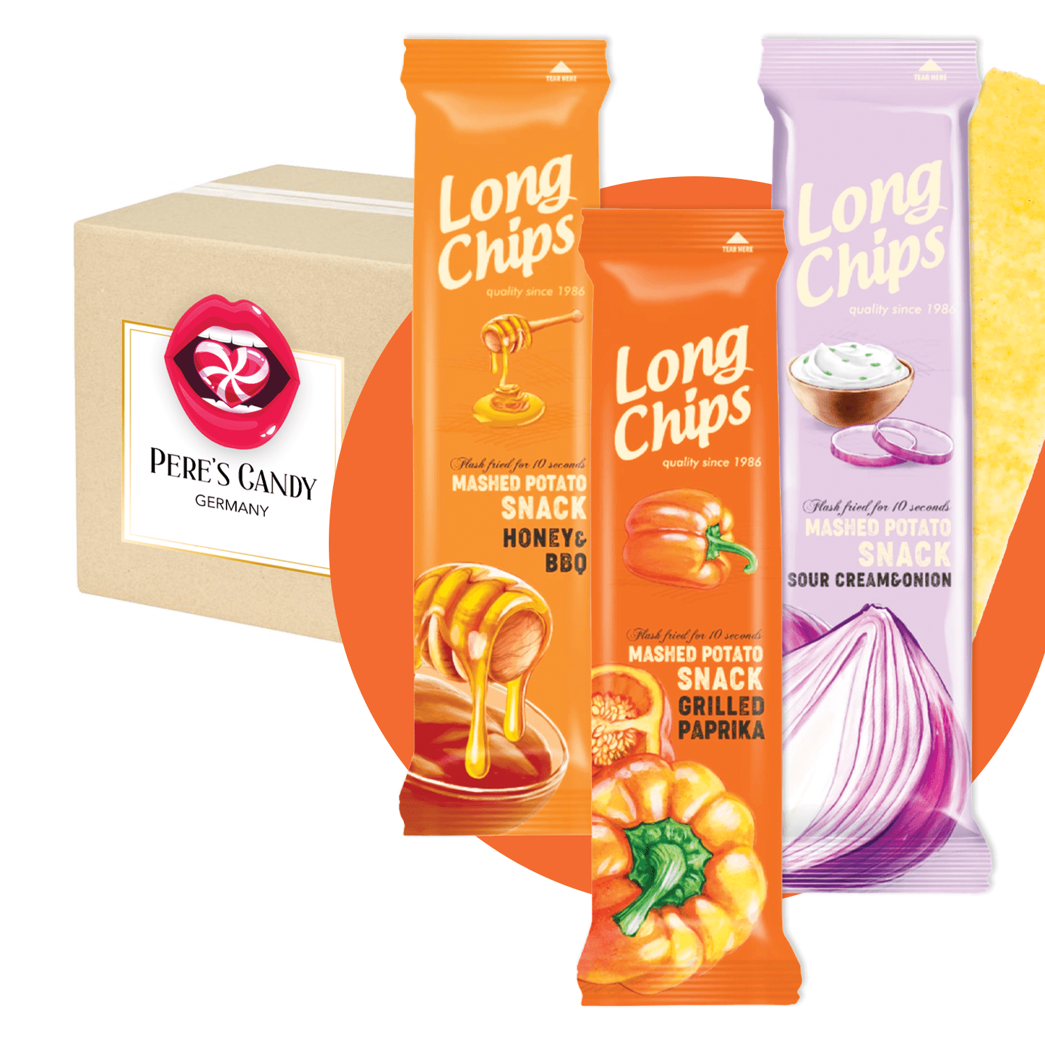 E-shop 3er Mix Pack Long Chips - 1 Honey BBQ + 1 Sour Cream & Onion + 1 Grilled Paprika - Kartoffelsnack 3x 75g