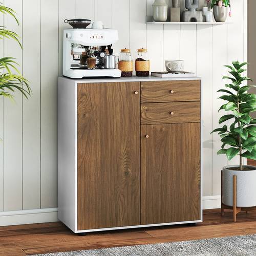 buffet de cuisine, meuble bar à café avec 2 tiroirs, 2 portes et 3 étagères réglables, organisateur de rangement de style ferme moderne pour salle à manger, salon et entrée