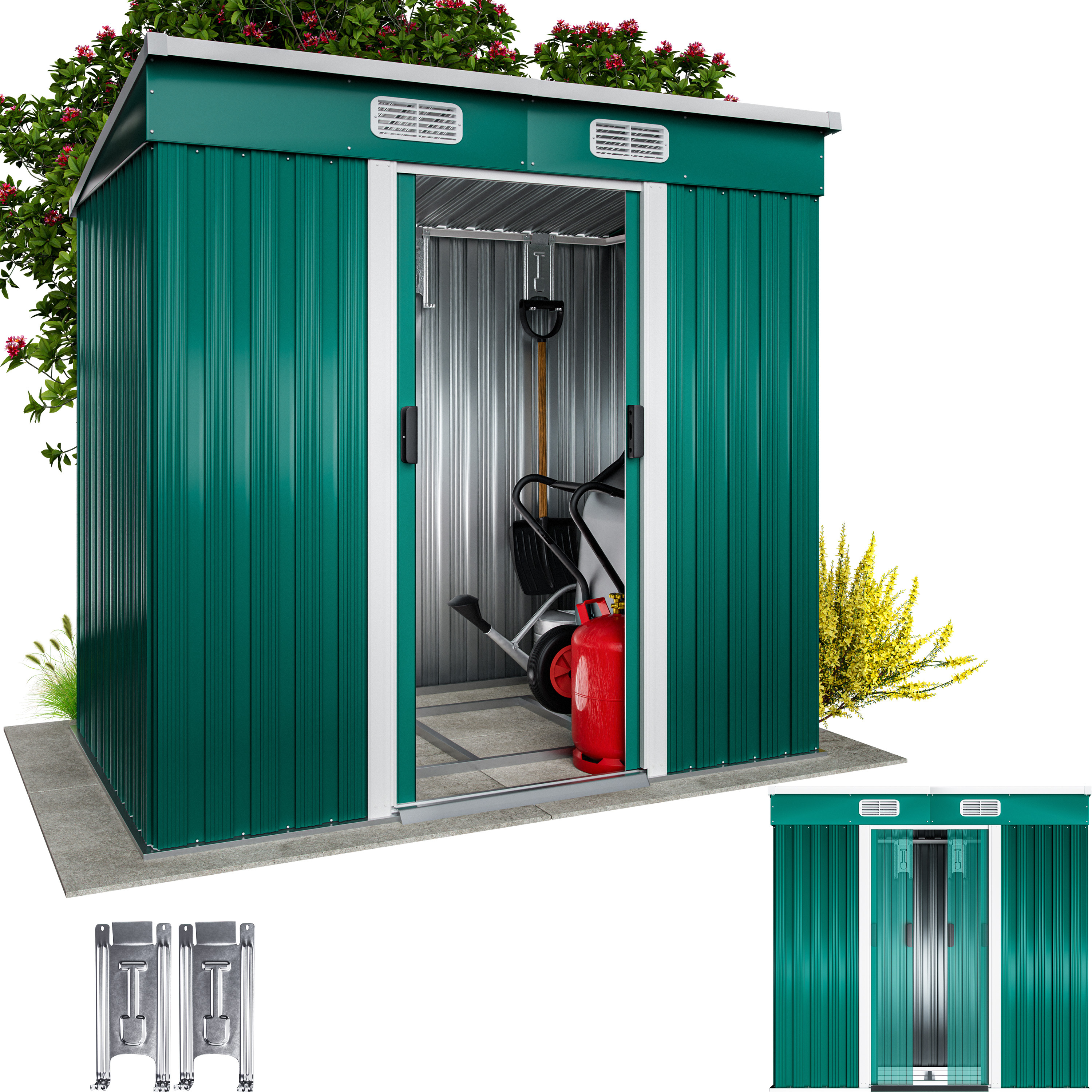 Image of L Metal Tool Shed 2m² With Foundation 200x125x185cm Sliding Door Green Garden Storage Shed 4m³