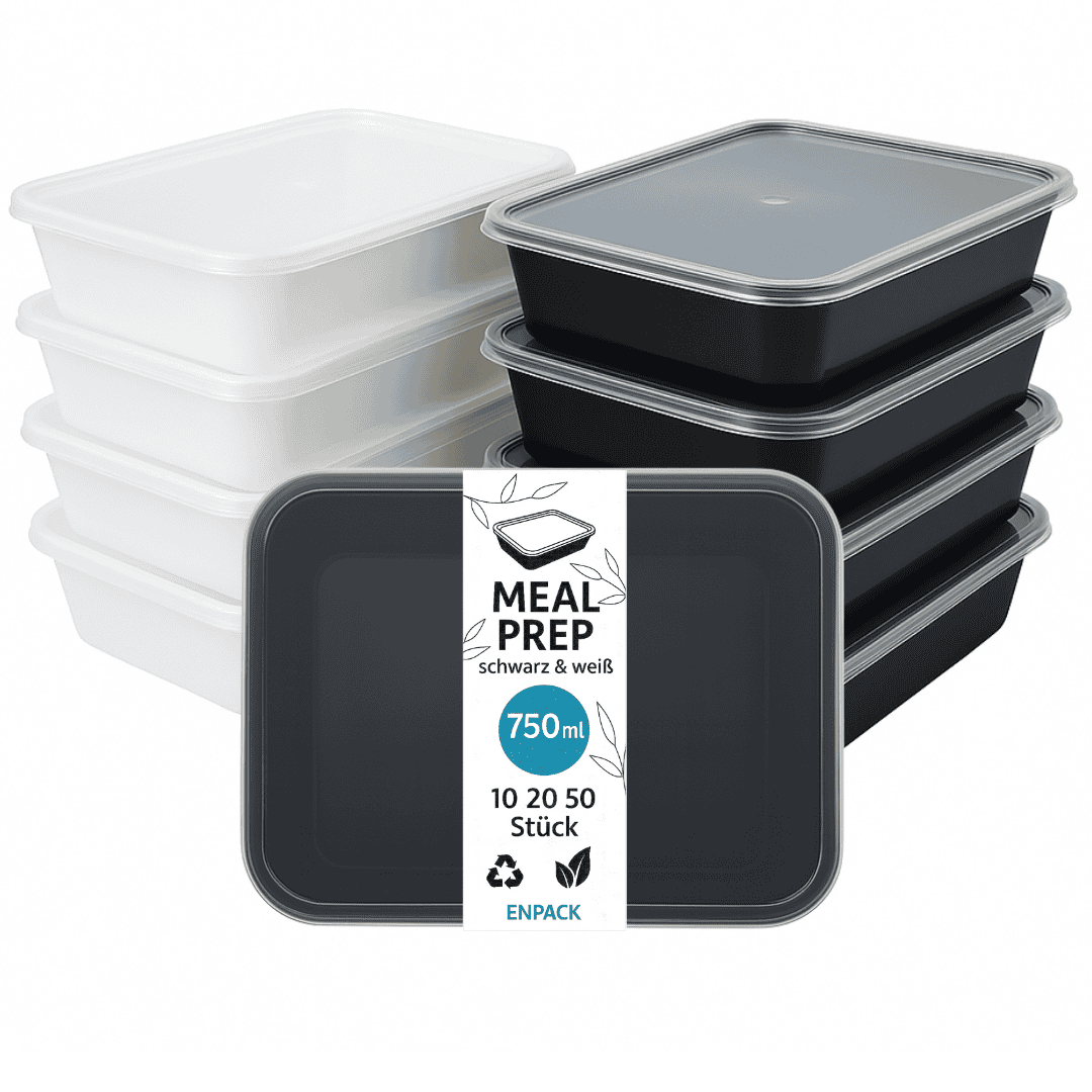 TEMU Enpack Meal Prep Aufbewahrungsbox mit Deckel (750ml) – Mikrowellenfeste Vorratsdosen in Weiß/Schwarz, Luftdicht & BPA-, Ideal für Meal Prep,
