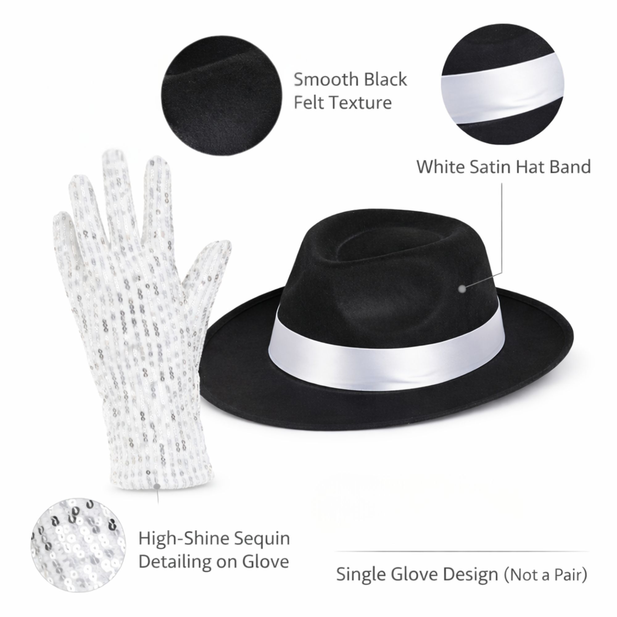 Adult Black Fedora Style Costume Hat & Sequin Gloves