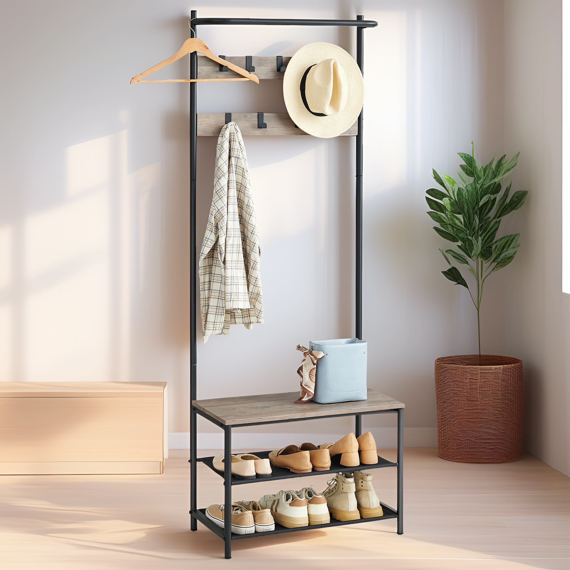 TEMU Perchero de entrada, perchero con zapatero, zapatero, 32,2 x 180 cm, 9 ganchos desmontables, barra superior, estilo industrial, adecuado para