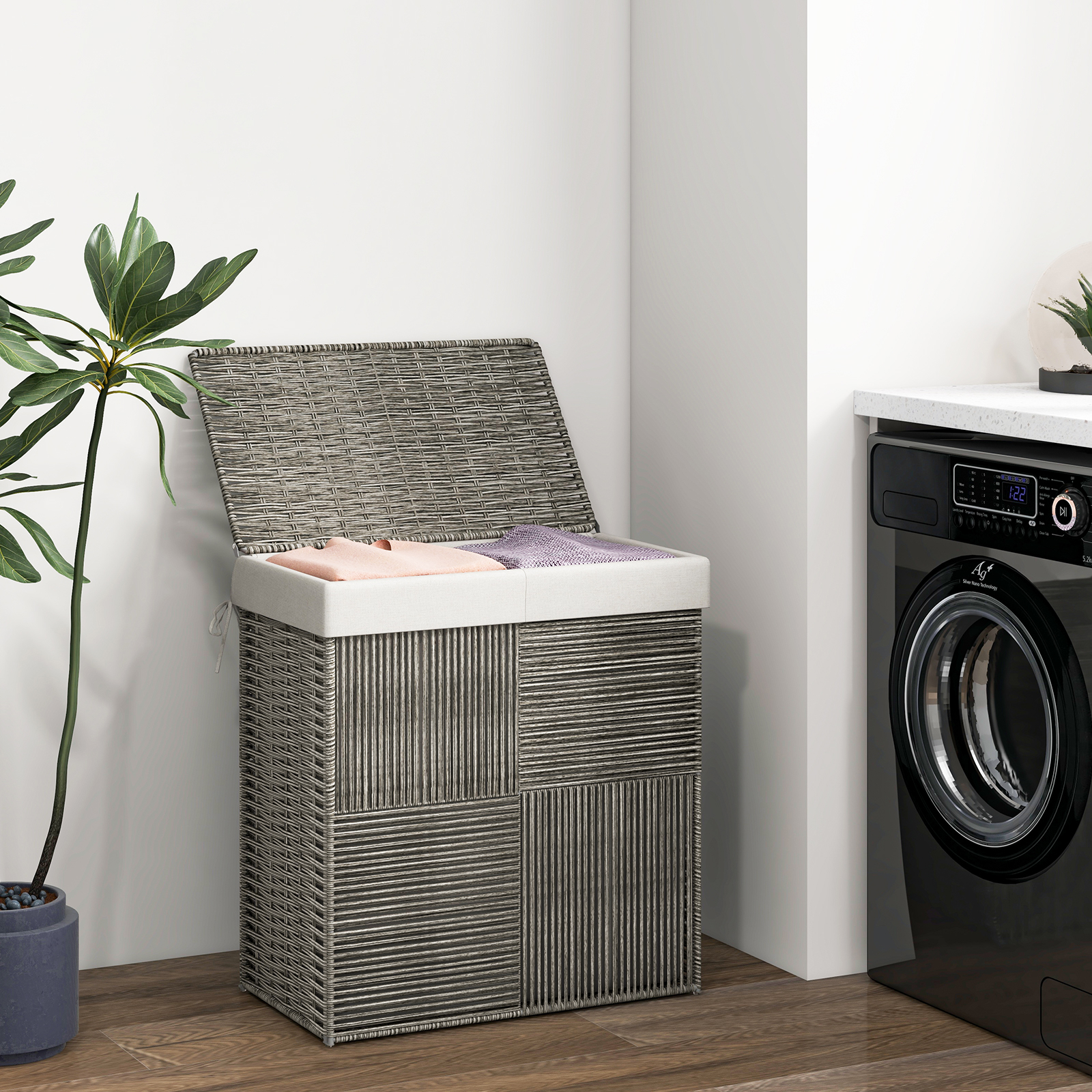 Laundry Hamper With Lid, 29 Gallon Rattan Laundry Basket With 2-grid Laundry Bag, Foldable Design, Convenient Handles