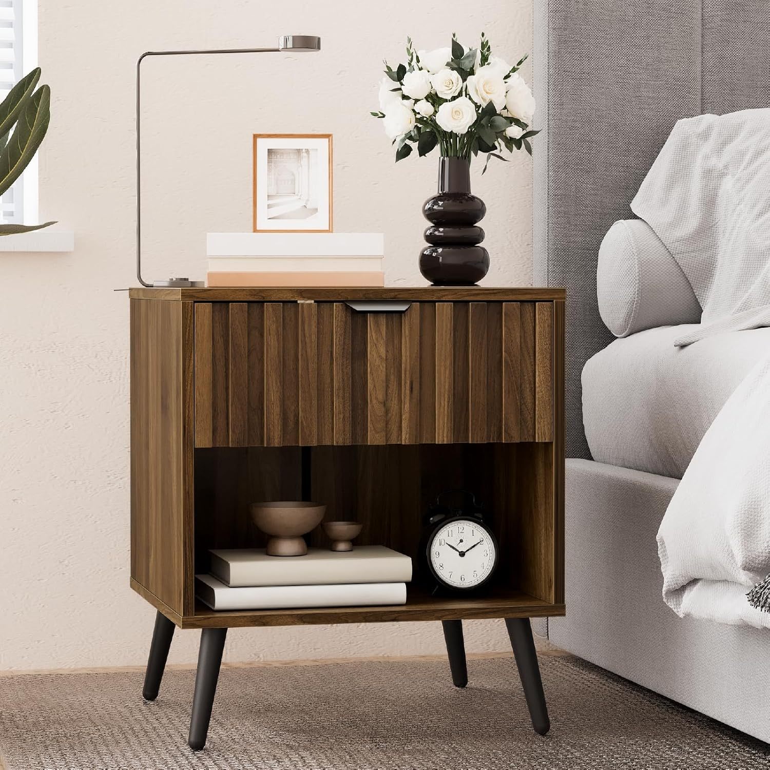 Image of Nightstand In Medieval Style With Drawers, Bedside Table For The Bedroom, Made Of Walnut Wood, Suitable For Adults