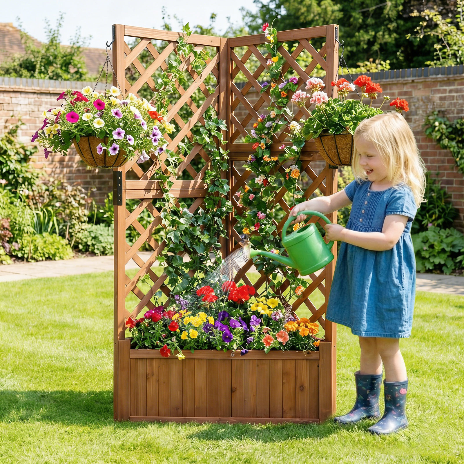 Corner Raised Garden Bed With Lattice Trellises, Drainage Holes, Elevated Wooden Planter Box For Climbing Plant Vine Flower Vegetable , Indoor Outdoor Standing Gardening Box For Patio Porch Yard