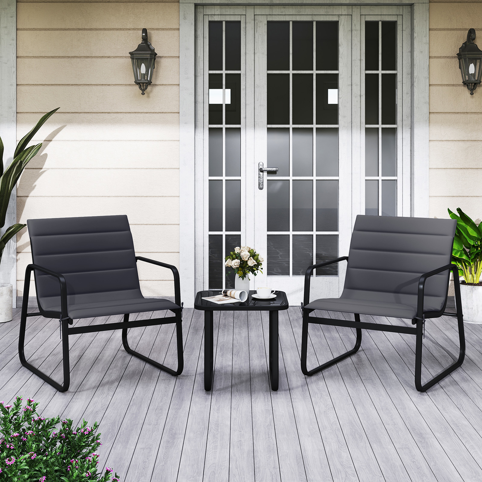 Image of 3 Piece Set, Outdoor Chairs & Side Table With Removable Cushions & Tempered Glass Tabletop, Modern Metal Conversation Set With Breathable Seats For Backyard, Porch