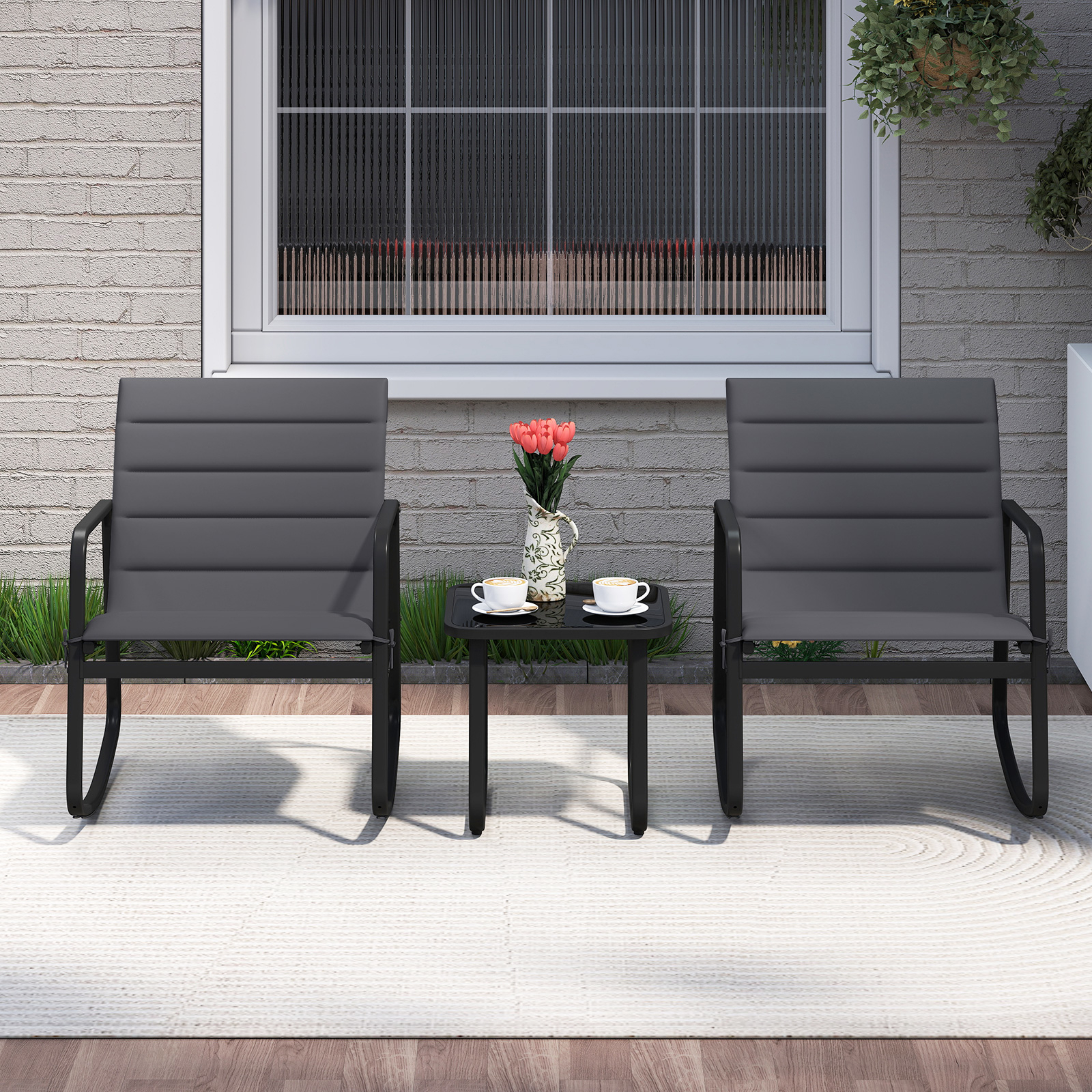 Image of 3pcs Outdoor Rocking Bistro Set, Chairs With Tempered Glass Table, Metal Frame & Soft Cushions, Patio Furniture Set, Outdoor Conversation Set For Balcony, Garden & Poolside