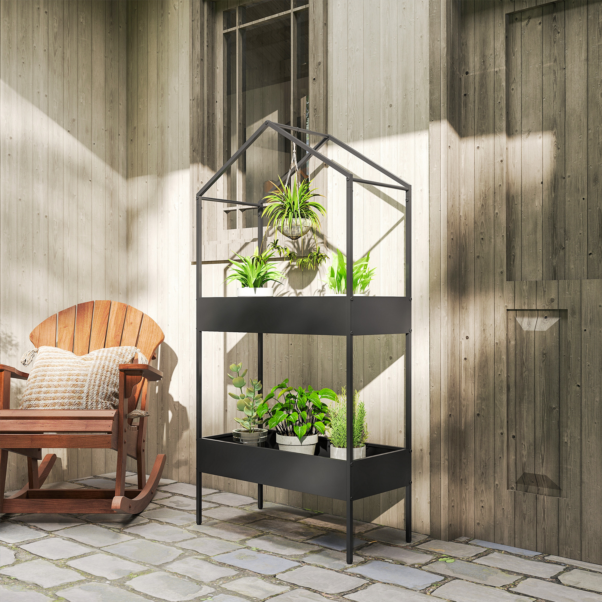 Image of 2-tier Plant Stands In House Shape, 150 Cm High Flower Stands With Hooks, Metal Plant Rack, Multi-tier Flower Pot Stand Flower Rack For Garden Balcony Decoration, Black