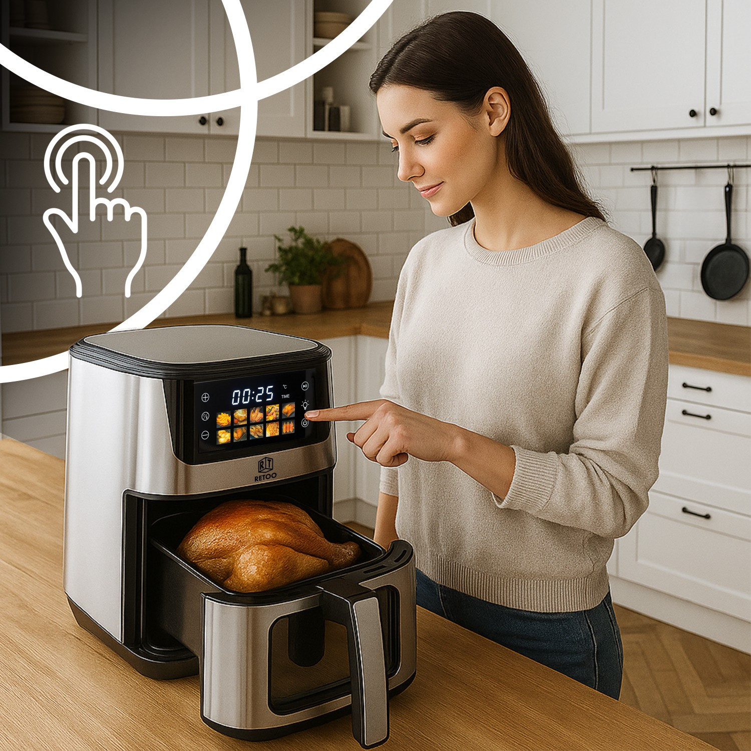 Air Fryer Fat-Free Large RETOO, 6.5L, 1800W, 10 Programs, Temperature Range 80-200°C, Oven for Frying, Touch Display, Viewing Window, Sound Signal, Fat-Free Cooking, Compact, Multi-Functional Fryer for Kitchen, with Large Container, High Quality, Easy Cleaning, Programs for Fries, Cakes, Chicken, Fish, Baking, Cold, Modern Fat-Free Fryer, Advanced Kitchen Device, Practical Oven. Air Fryer Fat-Free Large RETOO, 6.5L, 1800W, 10 Programs, Temperature Range 80-200°C, Oven for Frying, Touch Display, Viewing Window, Sound Signal, Fat-Free Cooking, Compact, Multi-Functional Fryer for Kitchen, with Large Container, High Quality, Easy Cleaning, Programs for Fries, Cakes, Chicken, Fish, Baking, Cold, Modern Fat-Free Fryer, Advanced Kitchen Device, Practical Oven.