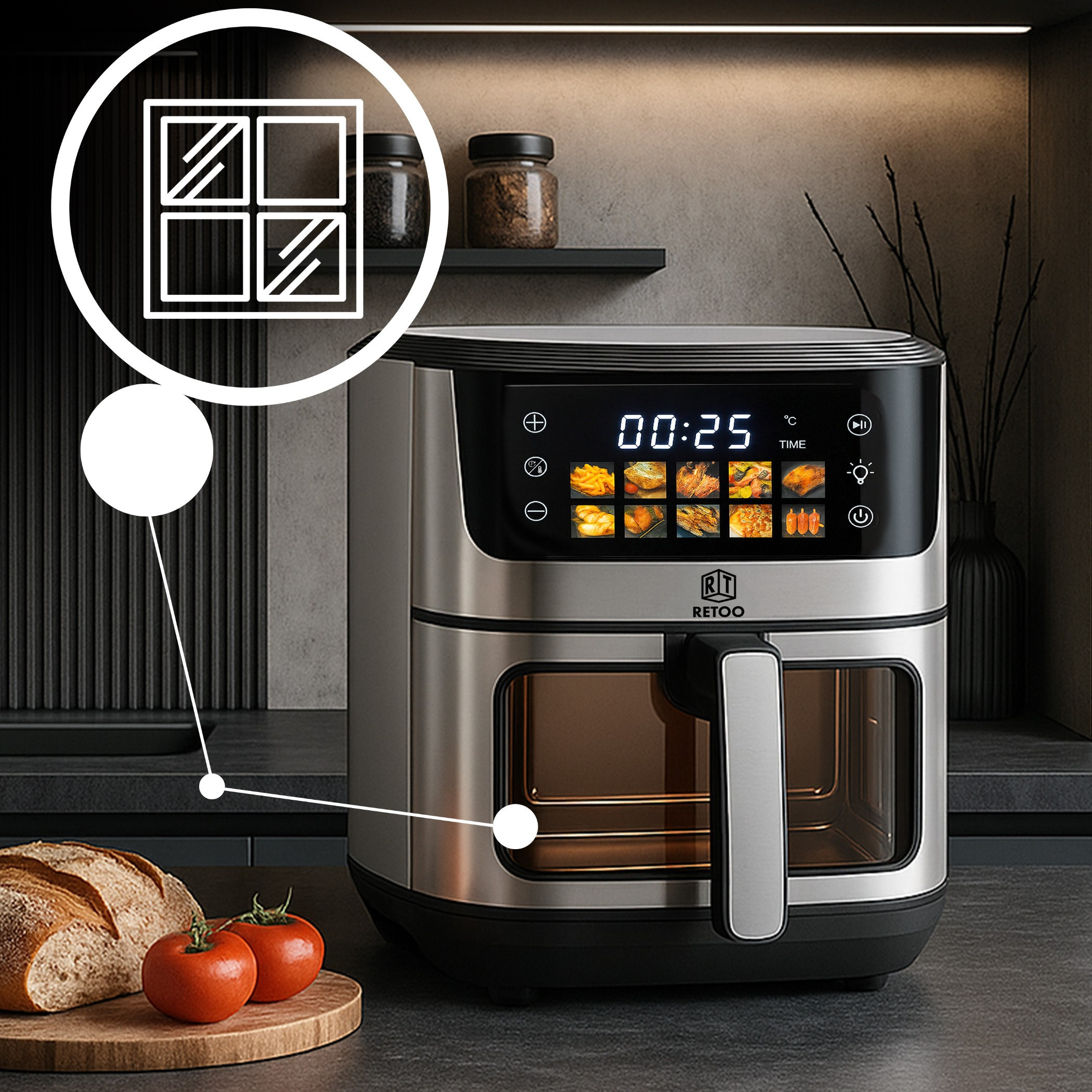 Air Fryer Fat-Free Large RETOO, 6.5L, 1800W, 10 Programs, Temperature Range 80-200°C, Oven for Frying, Touch Display, Viewing Window, Sound Signal, Fat-Free Cooking, Compact, Multi-Functional Fryer for Kitchen, with Large Container, High Quality, Easy Cleaning, Programs for Fries, Cakes, Chicken, Fish, Baking, Cold, Modern Fat-Free Fryer, Advanced Kitchen Device, Practical Oven. Air Fryer Fat-Free Large RETOO, 6.5L, 1800W, 10 Programs, Temperature Range 80-200°C, Oven for Frying, Touch Display, Viewing Window, Sound Signal, Fat-Free Cooking, Compact, Multi-Functional Fryer for Kitchen, with Large Container, High Quality, Easy Cleaning, Programs for Fries, Cakes, Chicken, Fish, Baking, Cold, Modern Fat-Free Fryer, Advanced Kitchen Device, Practical Oven.