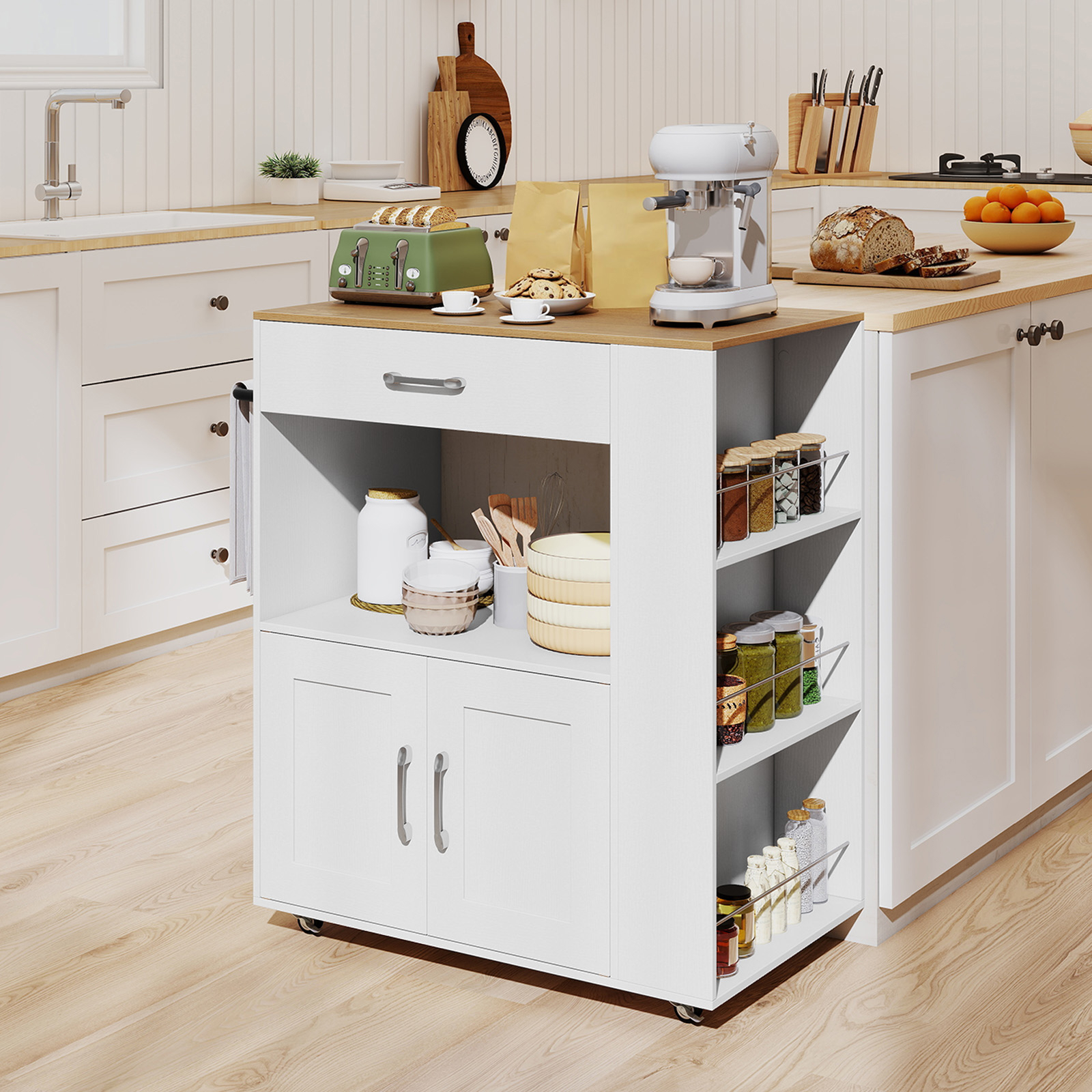 Image of Rolling Kitchen Island, Mobile Kitchen Cart Table With Lockable Wheels, 2-way Open Cube, Side Shelves, Drawer, Towel Rack, Rolling Utility Cart For Living Room, Dining Room, Hallway