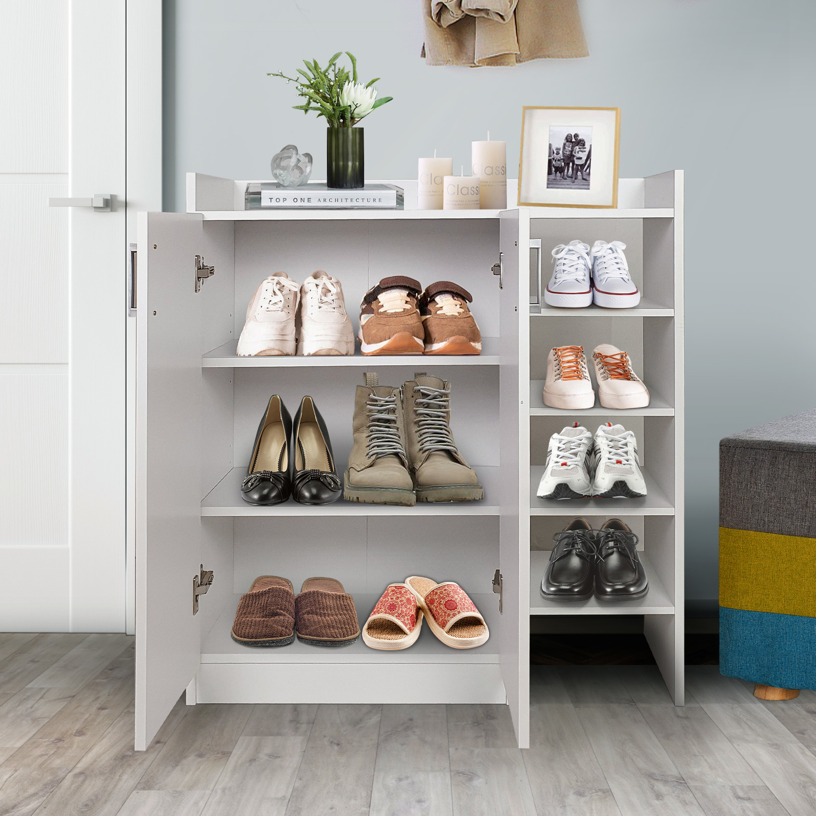 Shoe Cabinet, Freestanding Shoe Rack Storage Organizer With 3-postition Adjustable Shelves, Multifunctional 2-door Storage Cabinet With 5 Open Compartments, For Entryway, Hallway, Living Room