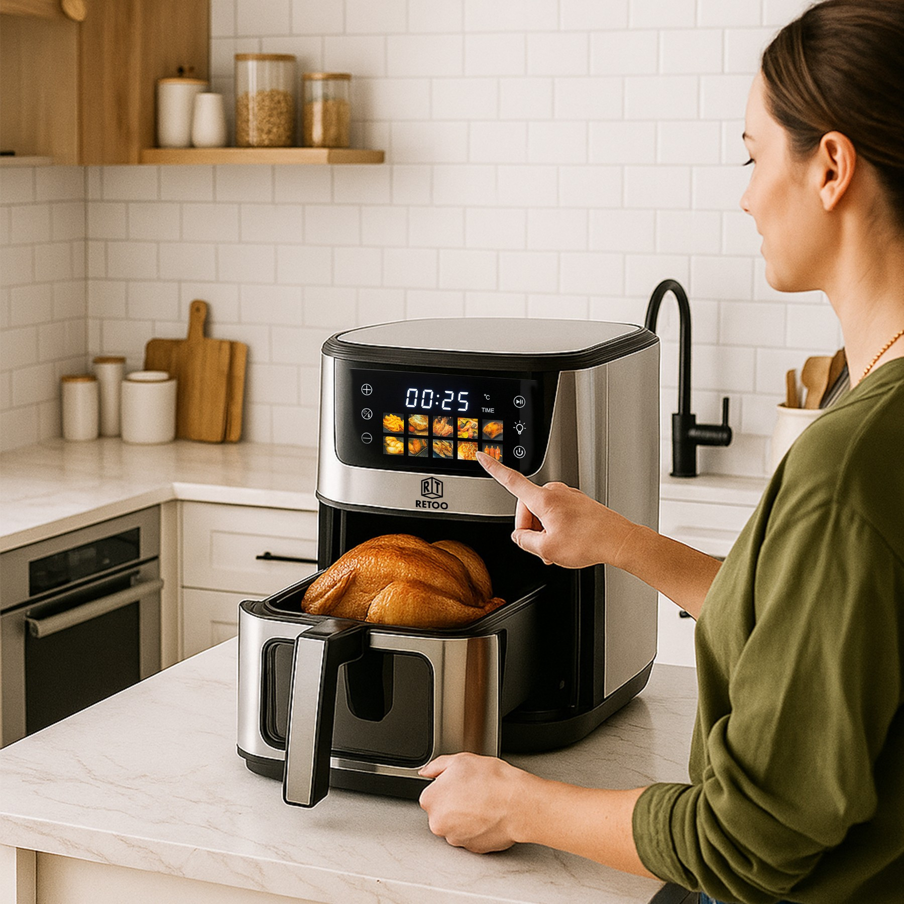 Air Fryer Fat-Free Large RETOO, 6.5L, 1800W, 10 Programs, Temperature Range 80-200°C, Oven for Frying, Touch Display, Viewing Window, Sound Signal, Fat-Free Cooking, Compact, Multi-Functional Fryer for Kitchen, with Large Container, High Quality, Easy Cleaning, Programs for Fries, Cakes, Chicken, Fish, Baking, Cold, Modern Fat-Free Fryer, Advanced Kitchen Device, Practical Oven. Air Fryer Fat-Free Large RETOO, 6.5L, 1800W, 10 Programs, Temperature Range 80-200°C, Oven for Frying, Touch Display, Viewing Window, Sound Signal, Fat-Free Cooking, Compact, Multi-Functional Fryer for Kitchen, with Large Container, High Quality, Easy Cleaning, Programs for Fries, Cakes, Chicken, Fish, Baking, Cold, Modern Fat-Free Fryer, Advanced Kitchen Device, Practical Oven.