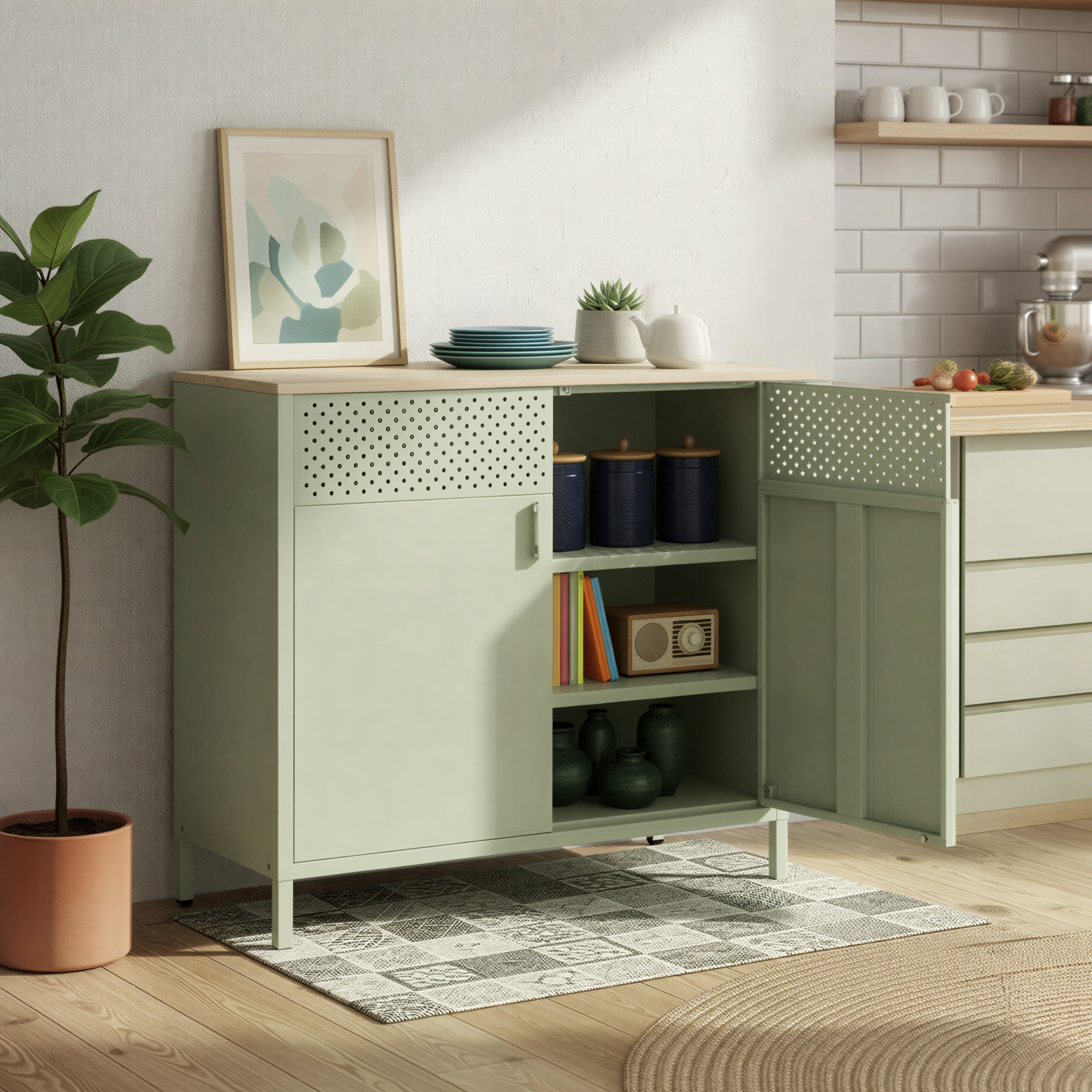 Image of Metal Storage Cabinet With , 40 X 80 X 76 Cm, Sideboard, Tv Cabinet, Adjustable Shelf, , For Living Room, Kitchen, Bedroom