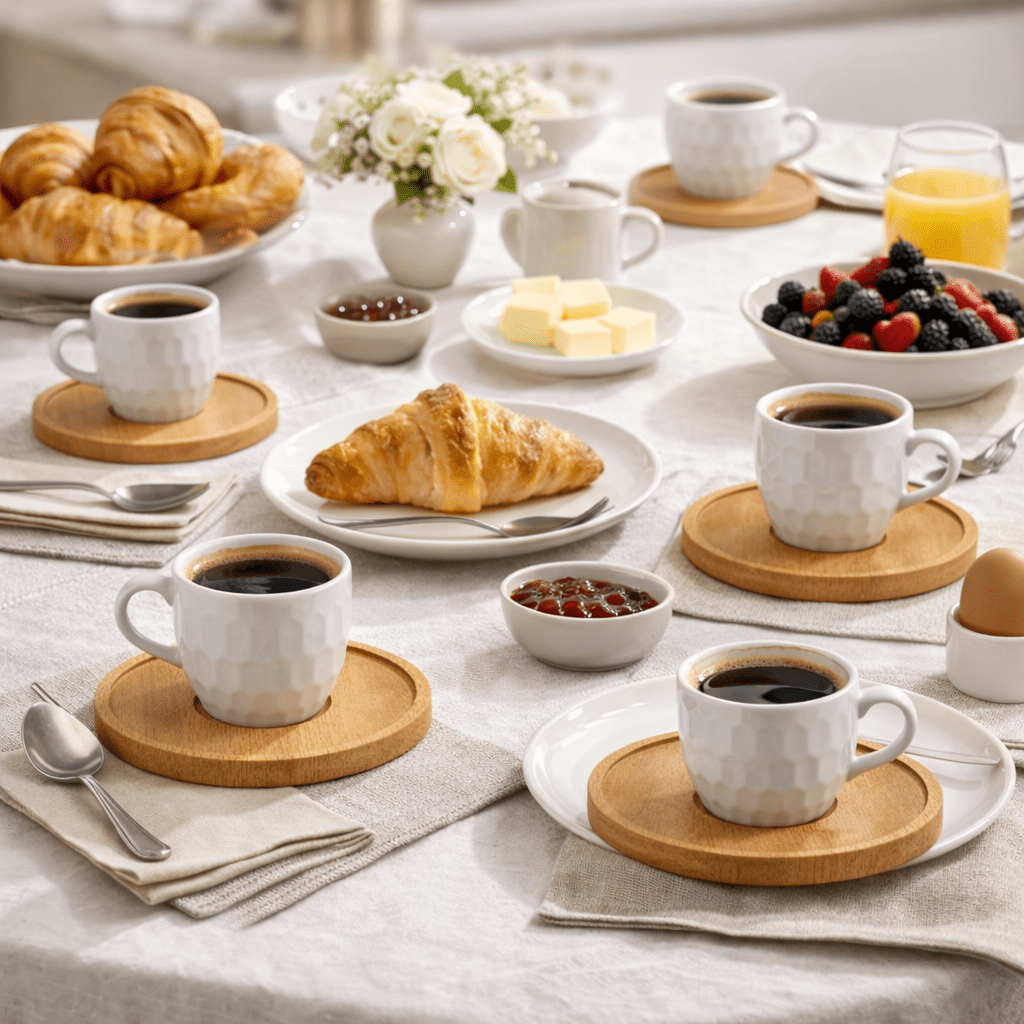Image of Ma Maison Set Of 6 White Porcelain Coffee Cups With Wooden Saucers – Minimalist , Elegant, Gift Idea, Modern Espresso Set For Home And Office – 6.5 X 5.5 H Cm