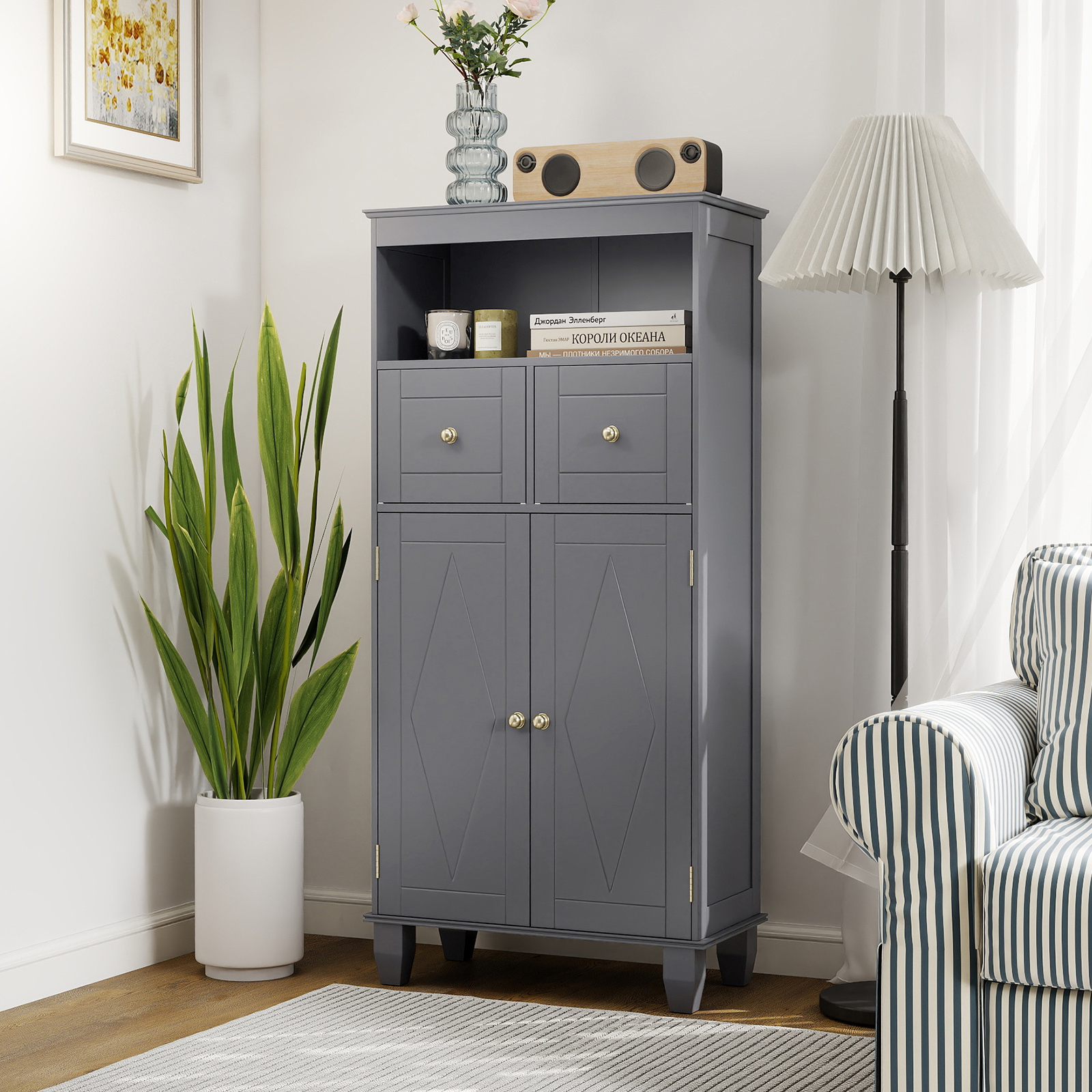 Image of Bathroom Floor Storage Cabinet, Modern Freestanding Storage Organizer With Doors, Shelves, Drawers And Solid Pine Wood Legs For Living Room, Hallway, Entryway, Gray