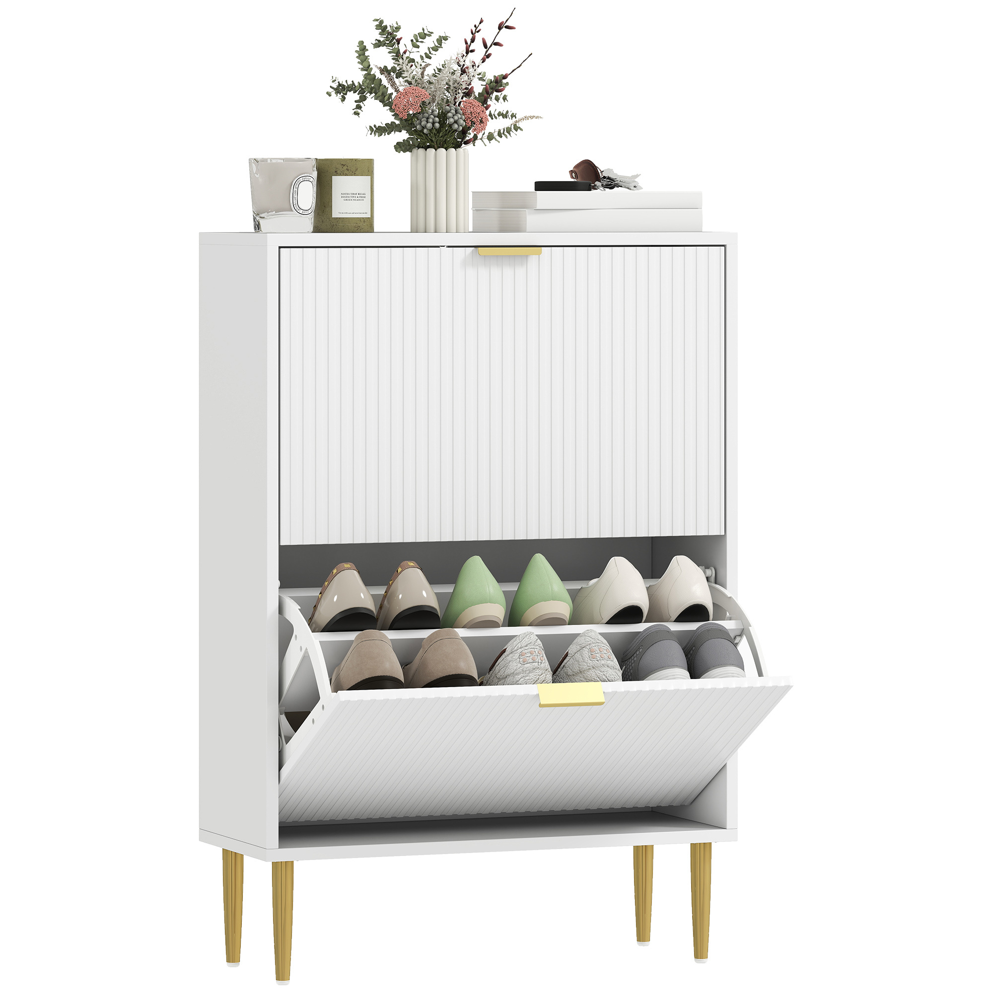 TEMU Meuble à Chaussures 12 Paires, Armoire à Chaussures Étroite Moderne avec 2 Tiroirs Rabattables, Façades Cannelées et Étagères Réglables, pour
