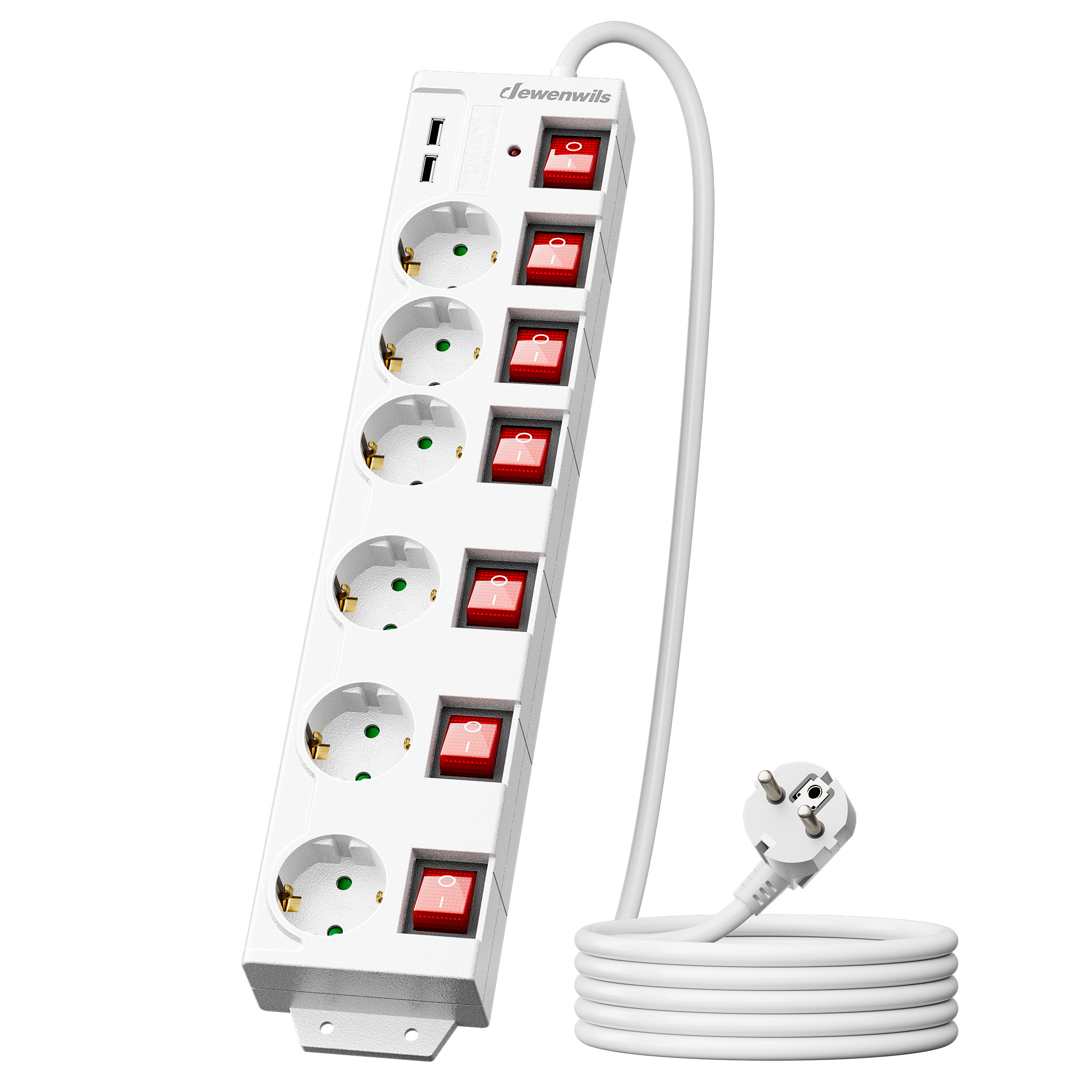 Individually Switchable Power Strip With Usb, 6-outlet Power Strip With Switch, Multi-socket Outlet With Protection, Child Safety Lock, 90° Rotated, 2m/, White/black