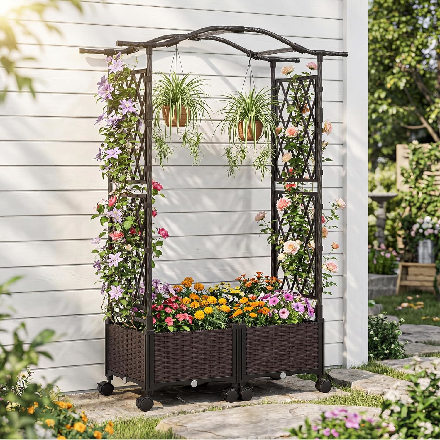 Image of Self-watering Planter Boxes With Lattice Trellis & Roof, 5 Ft Tall Raised Garden Bed On Lockable Wheels, Weatherproof Rattan Outdoor Planter For Climbing Vine Tomato Vegetable Flower