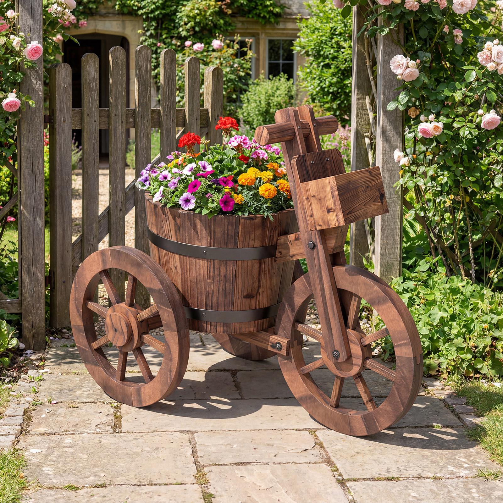 Image of Tricycle Planter, Rustic Wooden Plant Stand With Wheels, Drainage Hole And Storage Box, Indoor Outdoor Decorative Planter