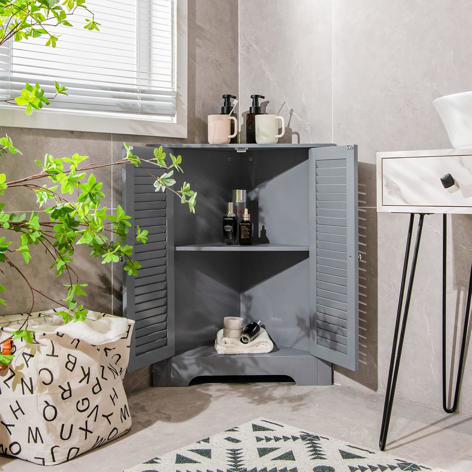Image of 3 Tier Corner Cabinet, Space- Floor Storage Cabinet W/ 2 Shutter Door & Height-adjustable Shelf, Free-standing Organizer For Bathroom, Entryway, Living Room, Bedroom, Grey