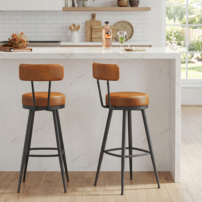 TEMU Juego de 2 Taburetes de Bar, Taburetes Altos Giratorios con Respaldo, Cuero Sintético, para Cocina y Bar, Marrón