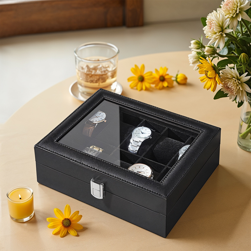 TEMU para Relojes, Estuche con10 Compartimentos, Cristal, Almohadillas Extraíbles, Cuero Sintético Negro y Forro Negro