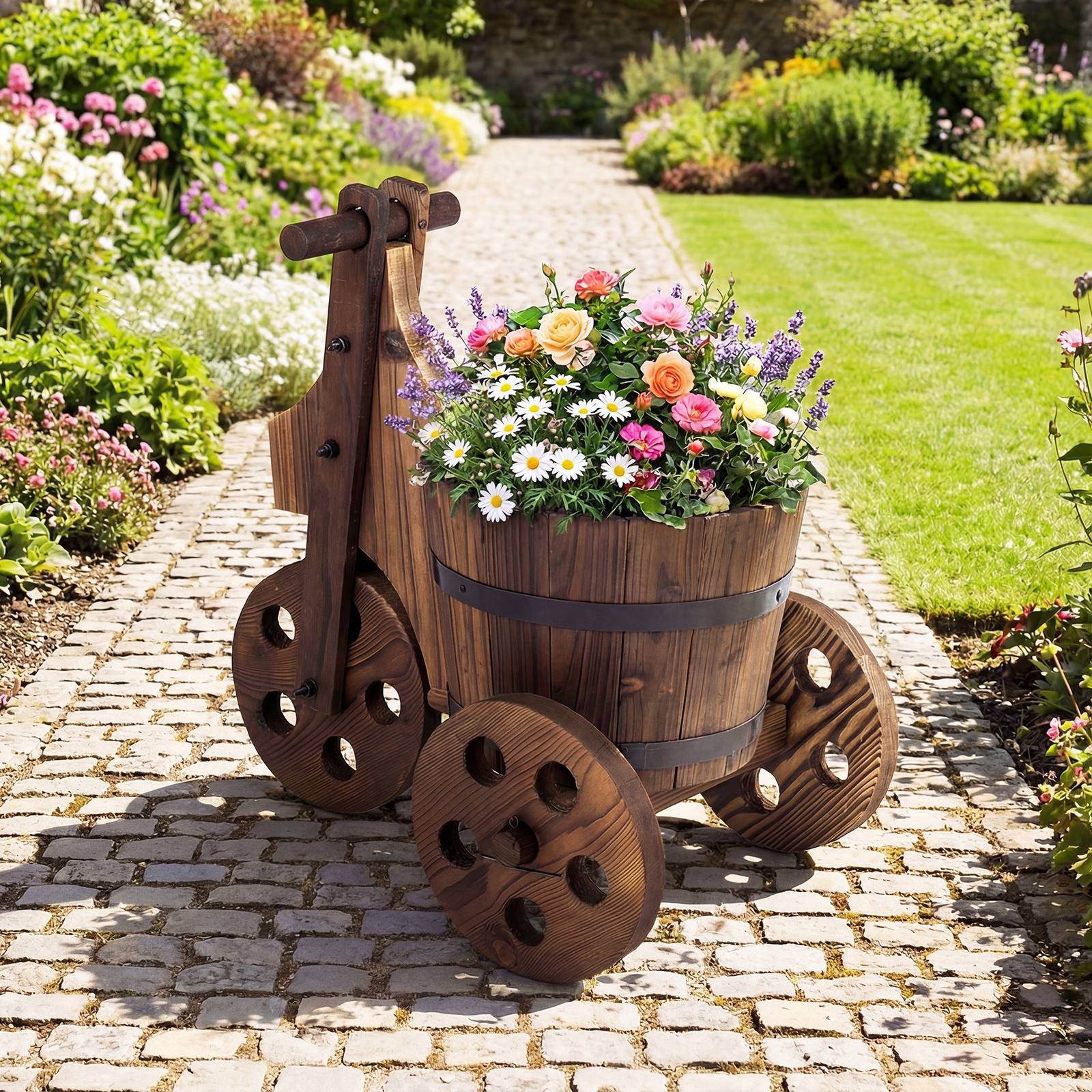 Image of Tricycle Planter, Rustic Wooden Plant Stand With 3 Wheels And Drainage Hole, Indoor Outdoor Decorative Planter
